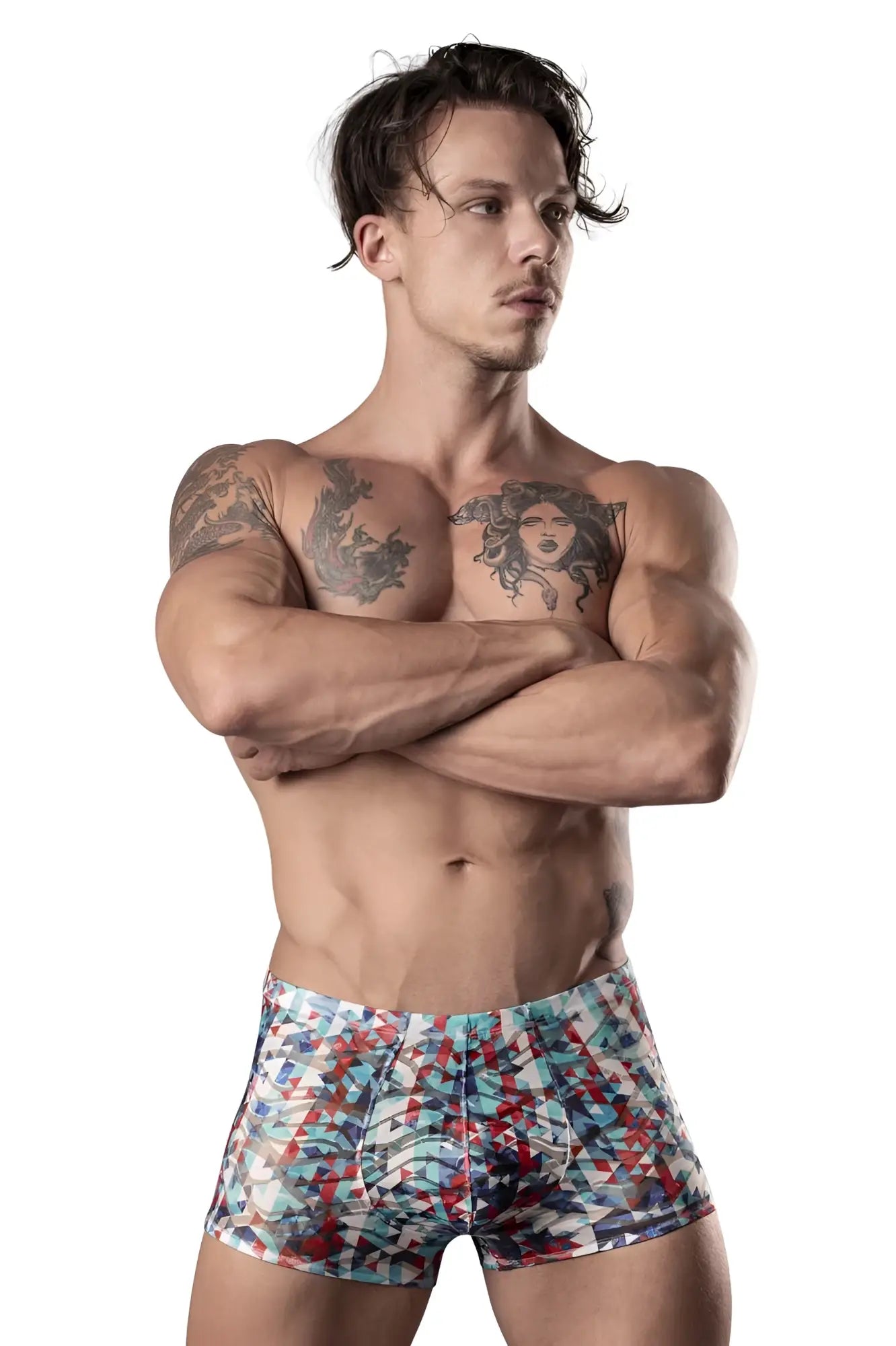 Men’s boxer briefs male power 131-293 your lace or mine pouch short with vibrant blue red and white geometric pattern