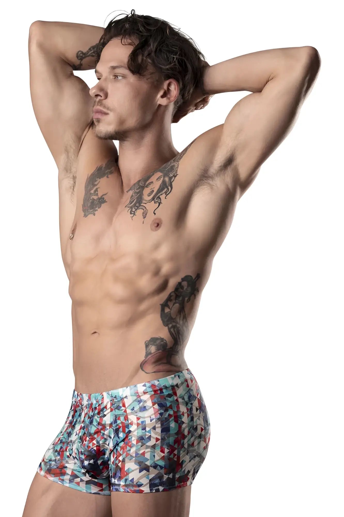 Male power 131-293 your lace or mine men’s boxer briefs with vibrant red white and blue geometric pattern pouch short