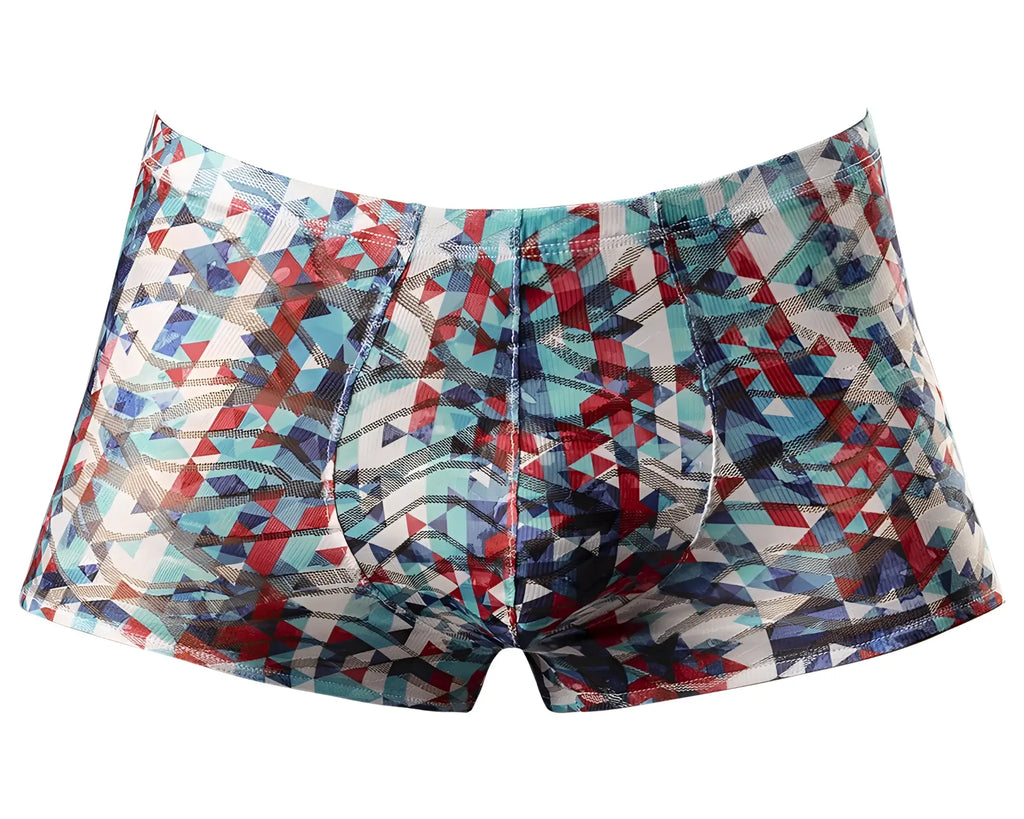 Male Power 131-293 your lace or mine pouch short boxer briefs with vibrant red white and blue geometric pattern