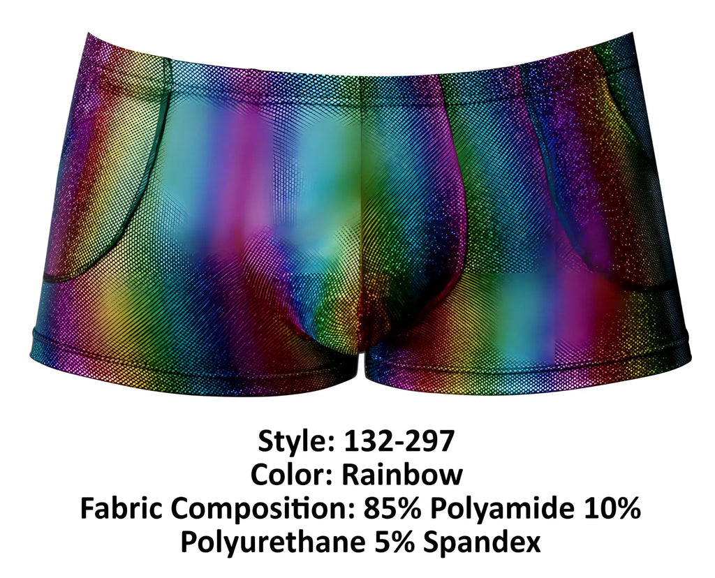 Male power 132-297 pack n play pocket short rainbow men’s briefs with rainbow glitter pattern mesh texture and elastic waistband