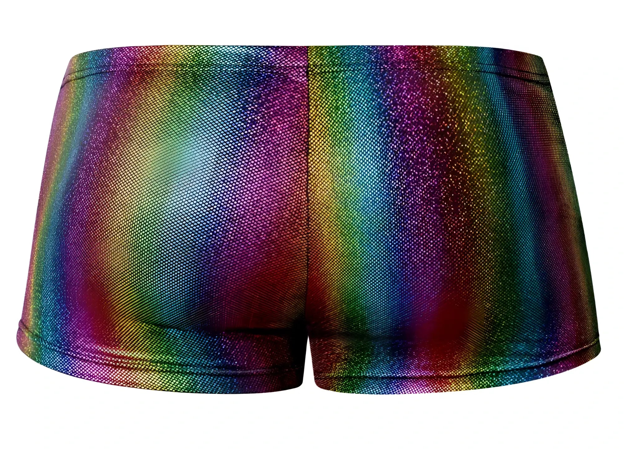 Male power 132-297 pack n play pocket shorts in rainbow color with shimmering iridescent glitter fabric