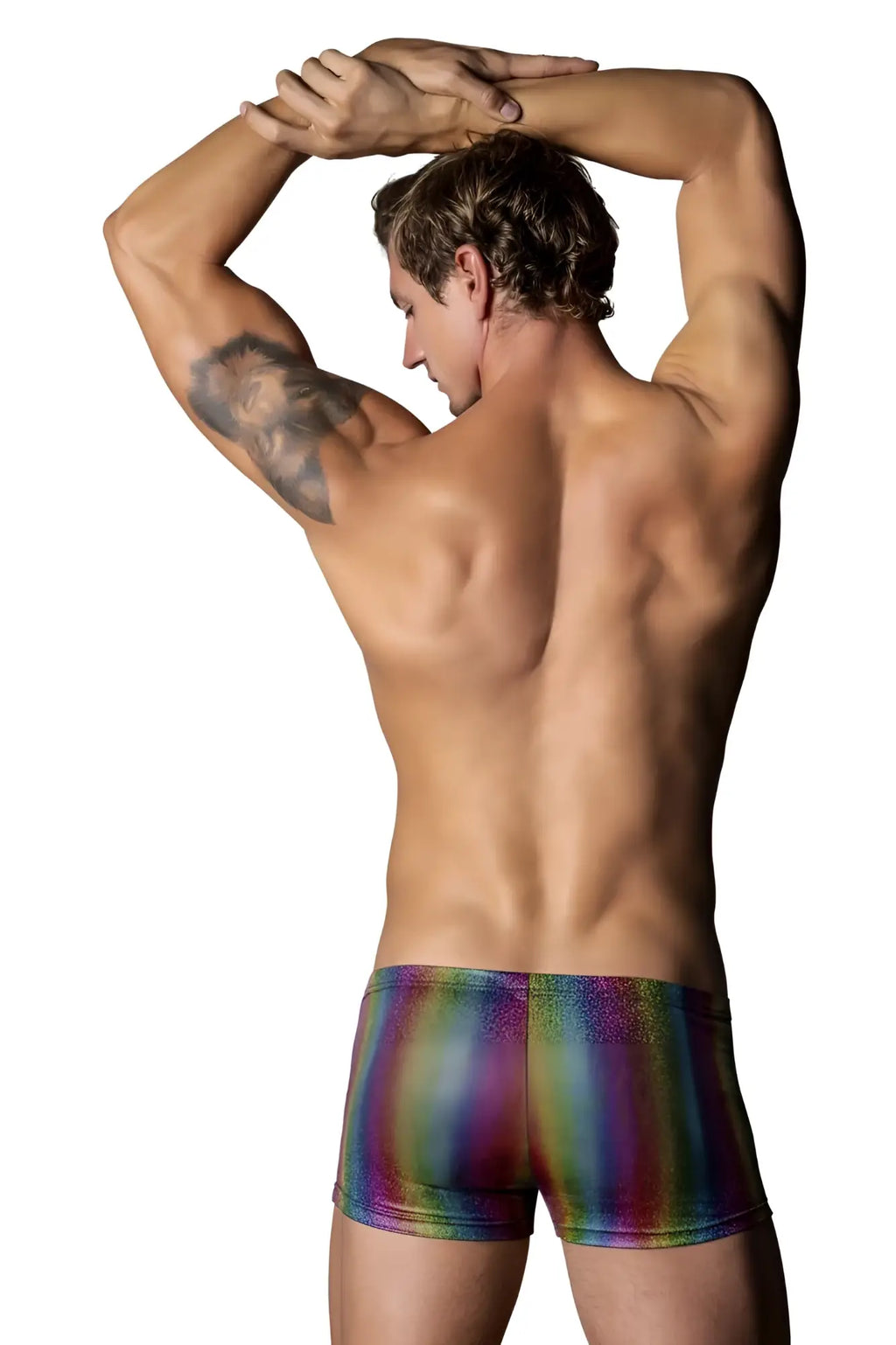 Male Power 132-297 Pack N Play pocket short rainbow briefs with shimmering glitter and rainbow stripes