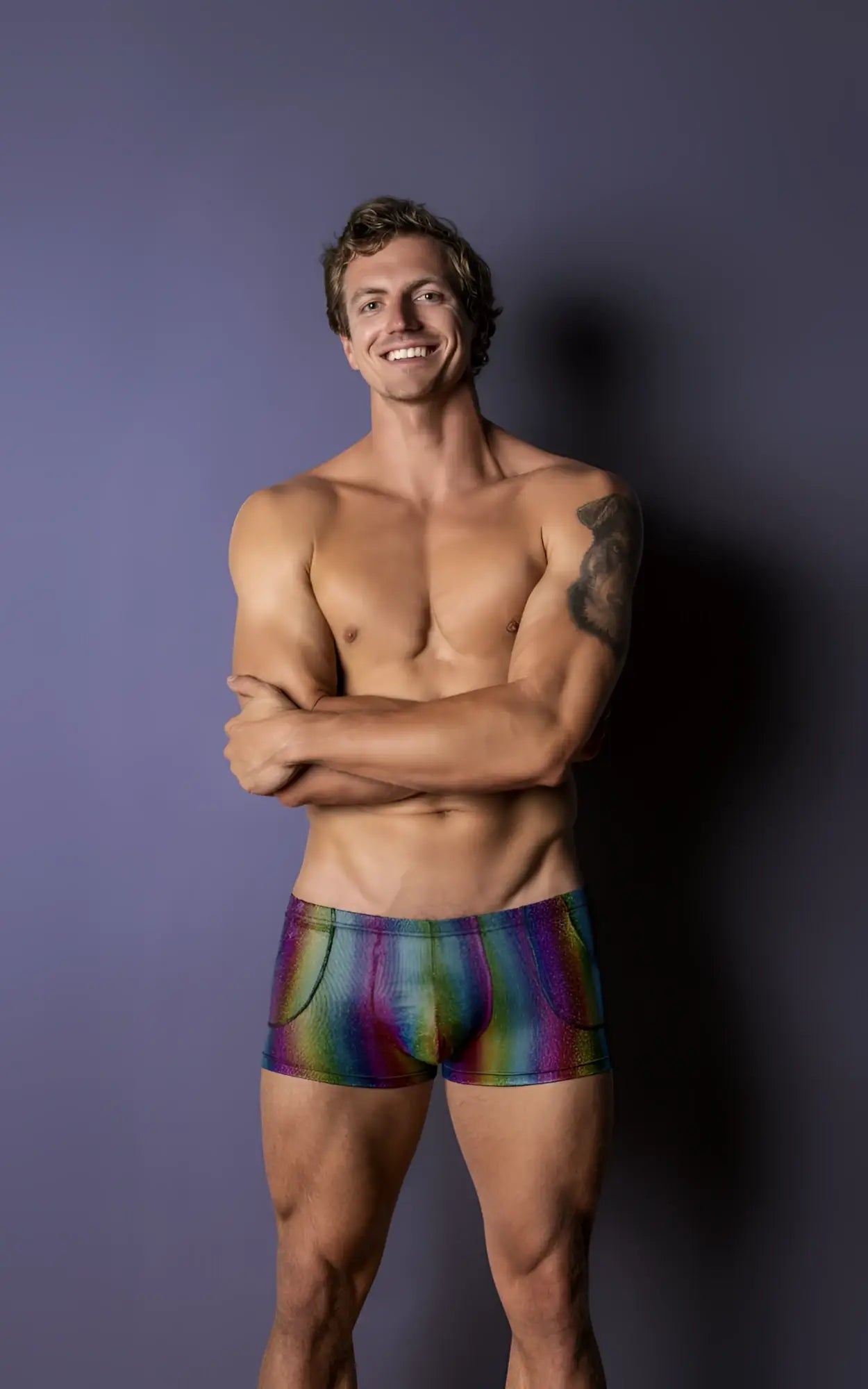 Male power 132-297 pack n play pocket short rainbow color brief made of iridescent rainbow-striped fabric with a sleek design