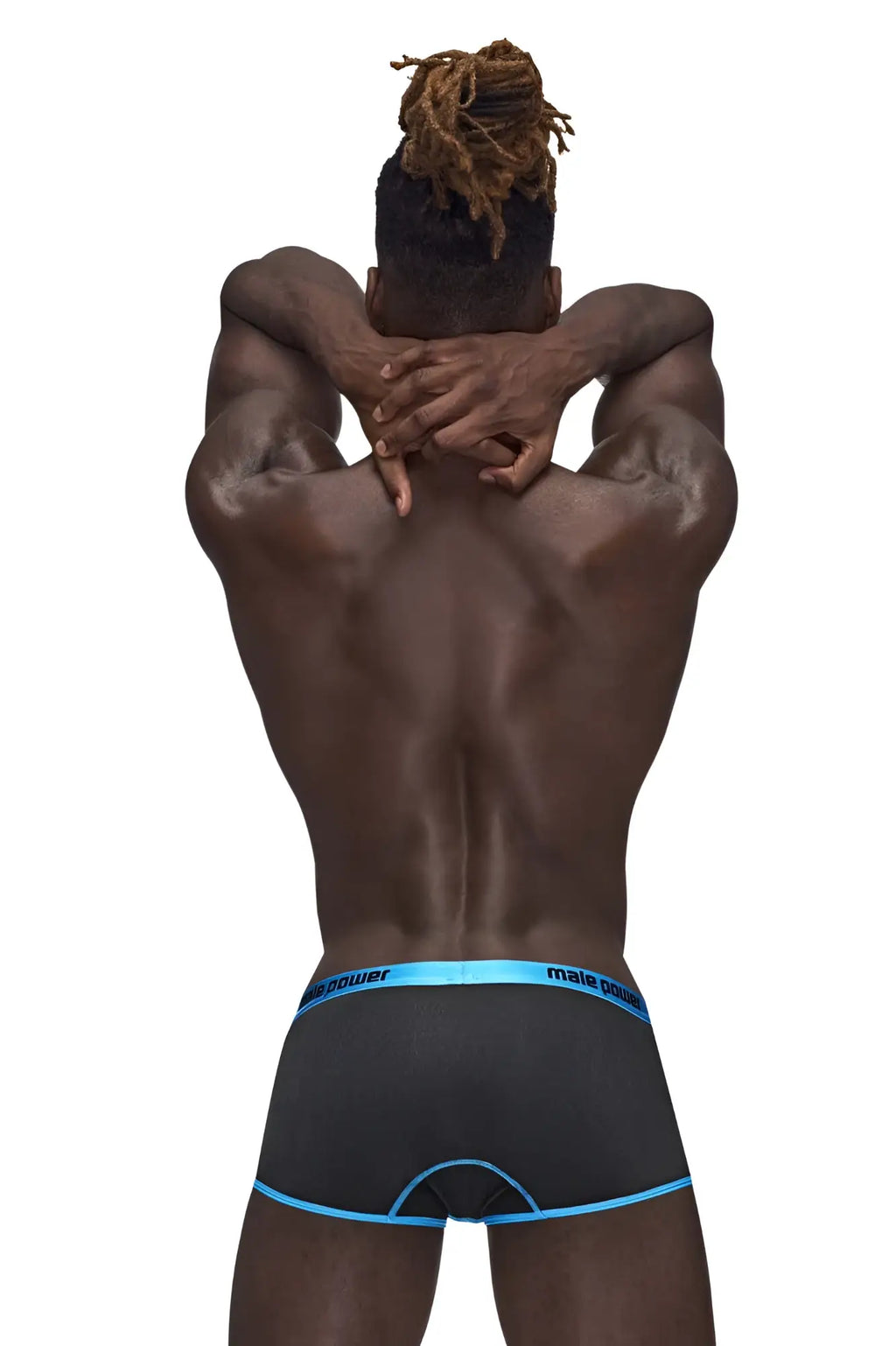 Black briefs with light blue trim and male power branding from the male power 143-270 casanova uplift mini short collection