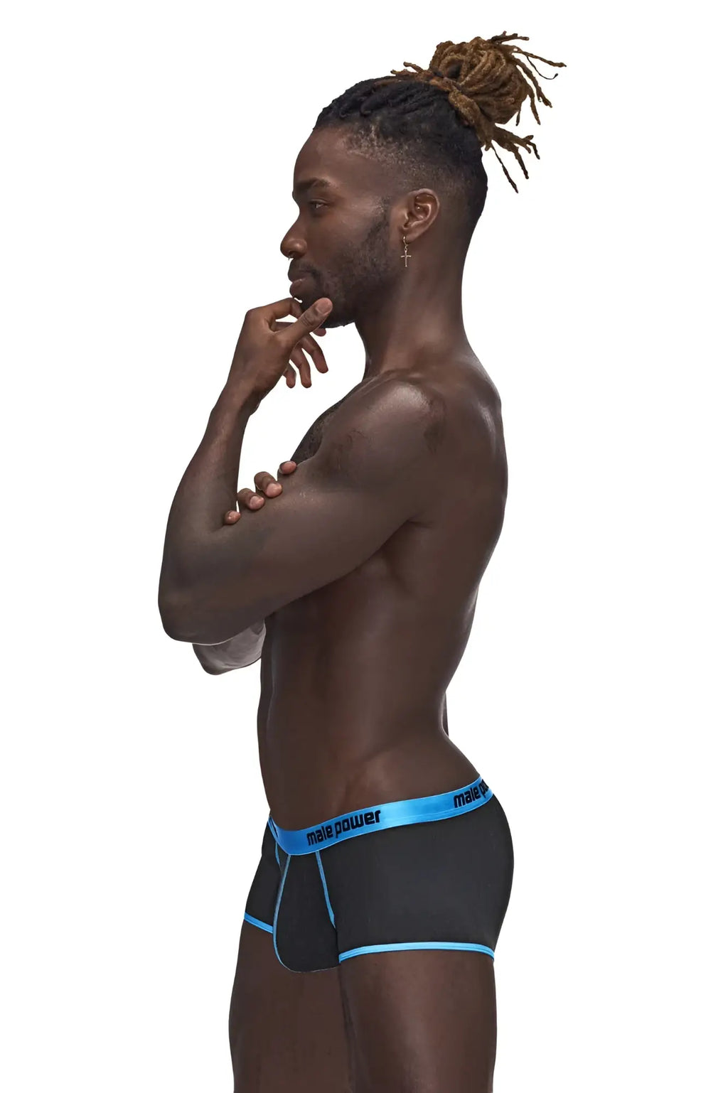 Black male power 143-270 casanova uplift mini shorts with blue trim featuring male power branding front view