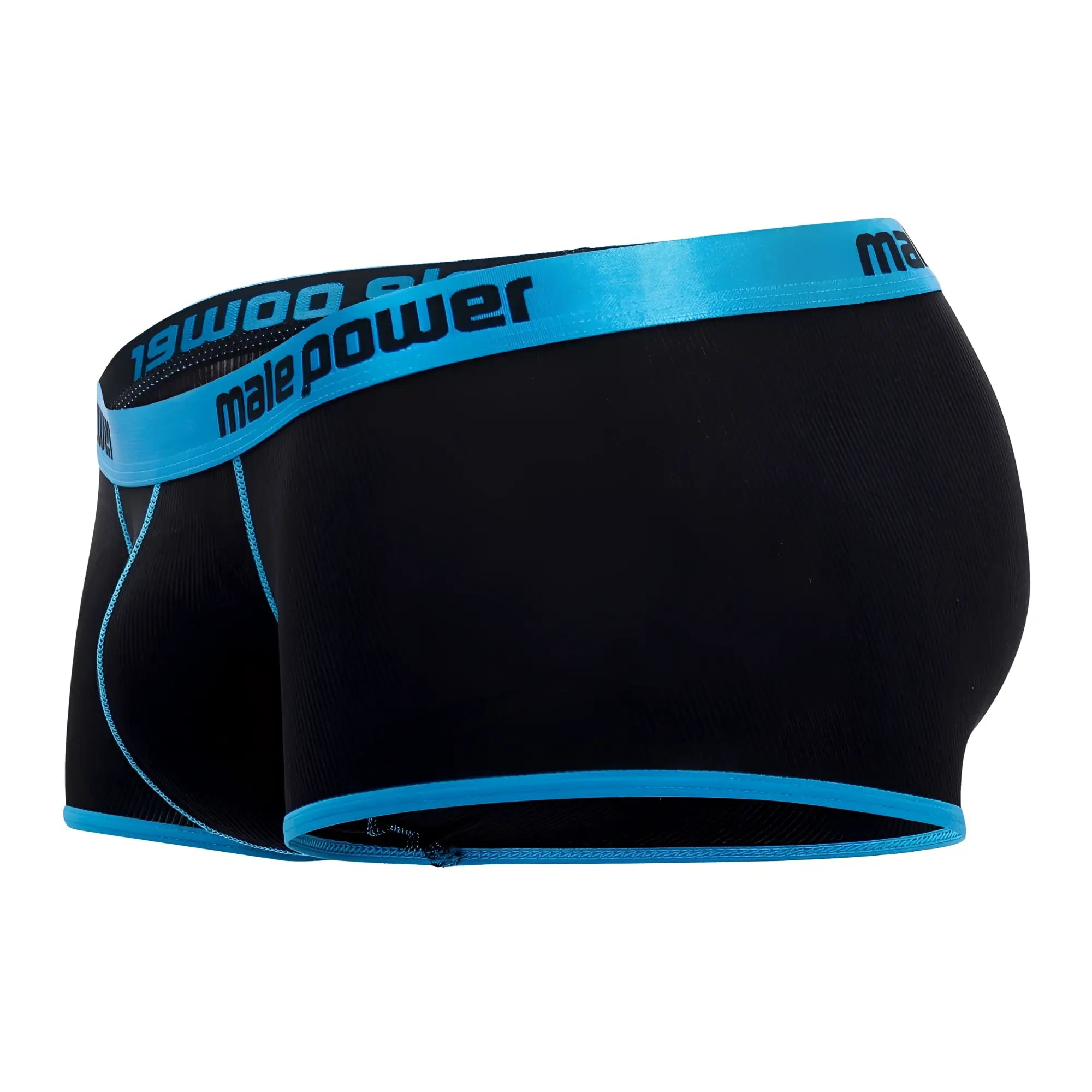 Male power 143-270 casanova uplift mini short black briefs with bright blue waistband and male power logo