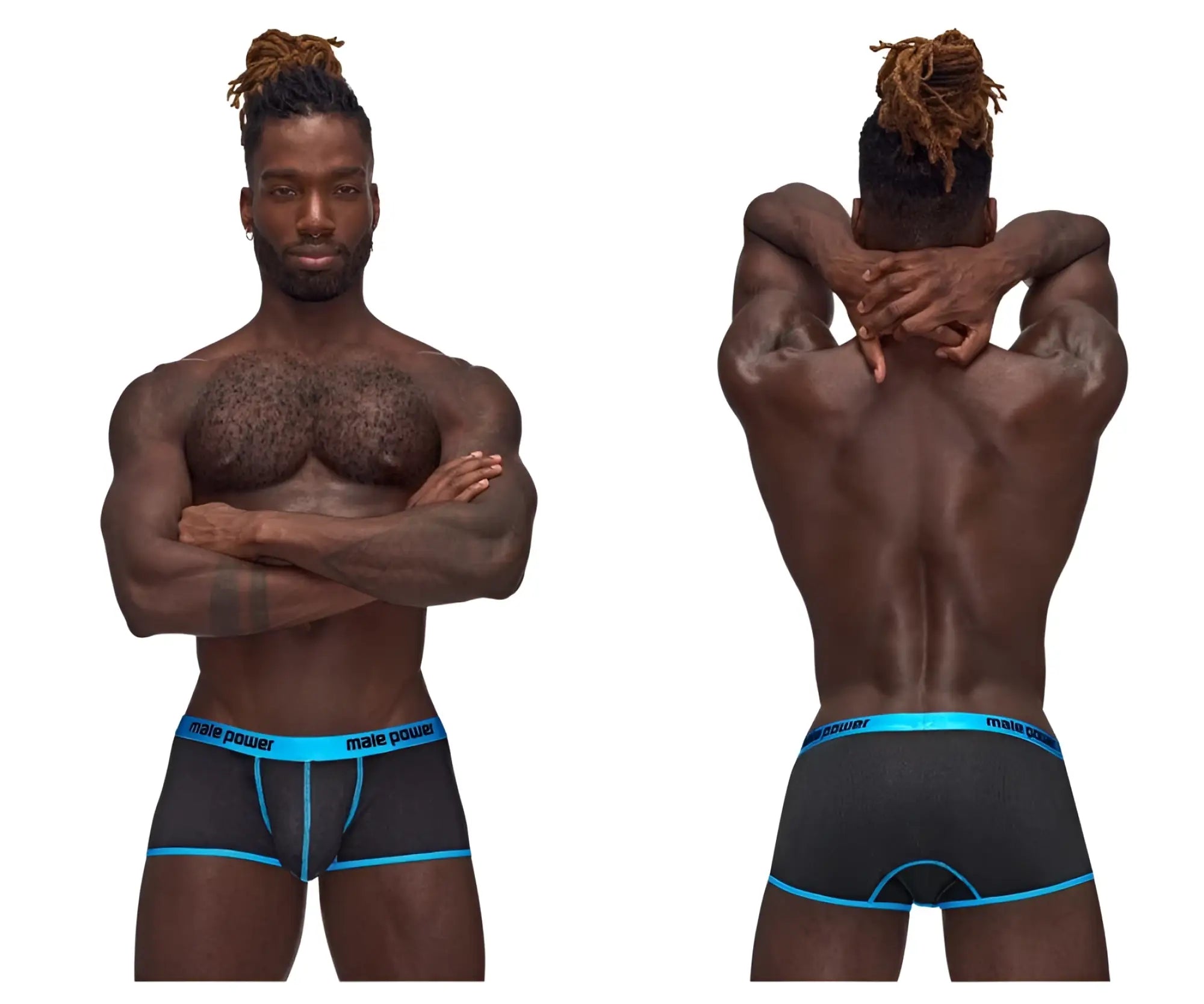 Black male power 143-270 casanova uplift mini short briefs with bright blue trim and branded waistband