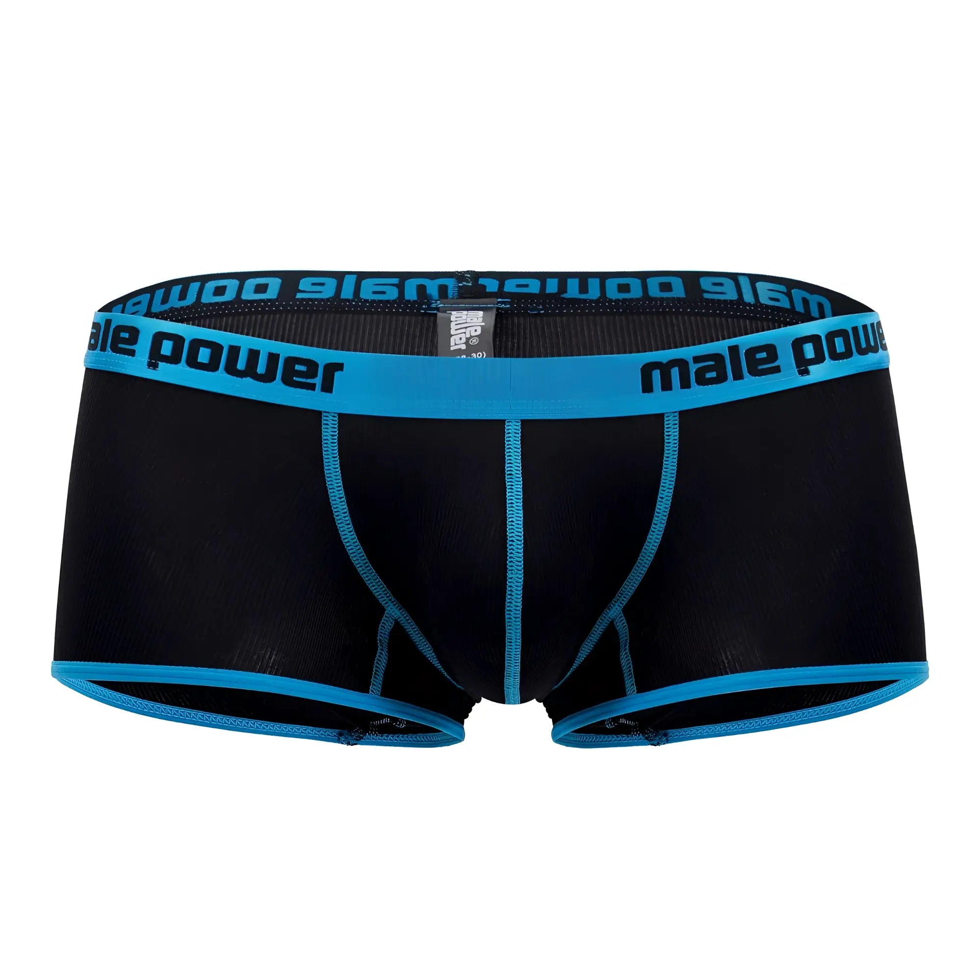Black men’s briefs with bright blue trim and male power branding on the waistband in male power 143-270 casanova uplift mini short