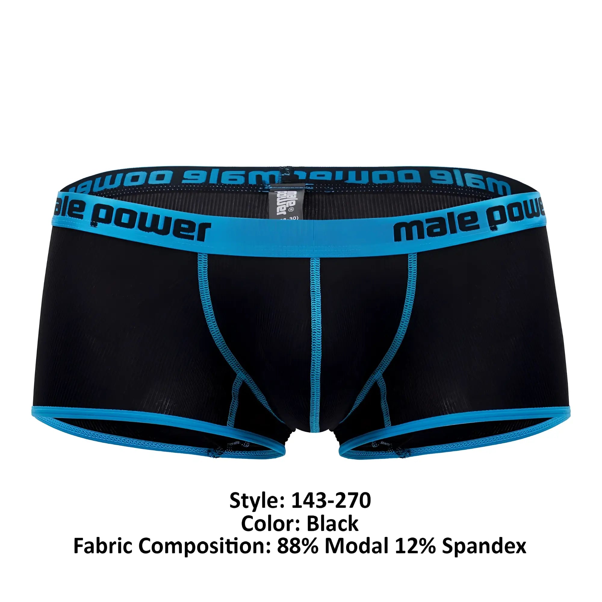 Black mens briefs with bright blue trim and male power logo waistband in male power 143-270 casanova uplift mini short