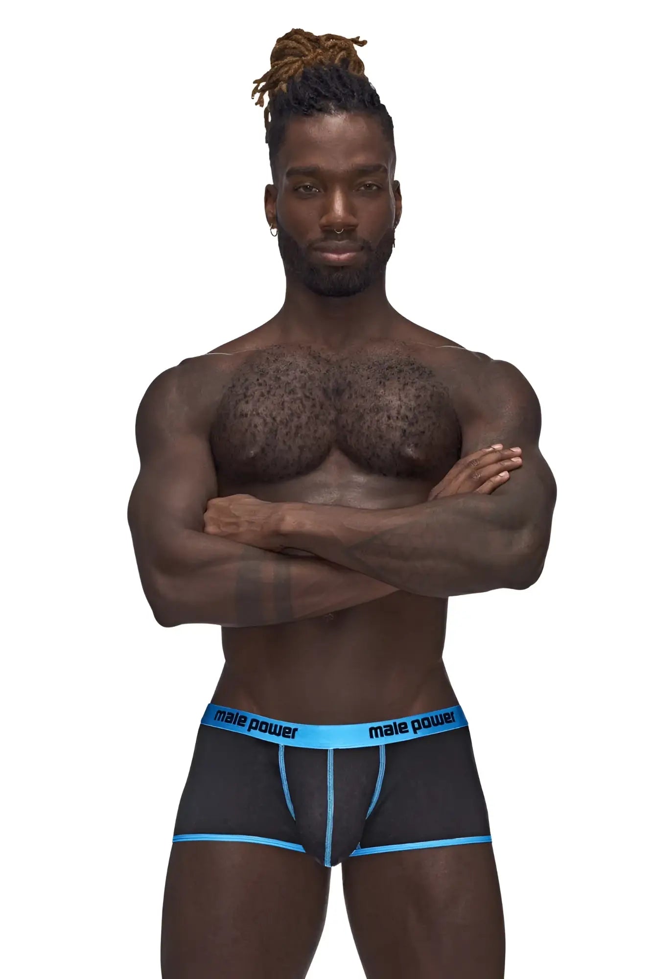 Male Power 143-270 Casanova uplift mini short black mesh briefs with bright blue trim and male power branding