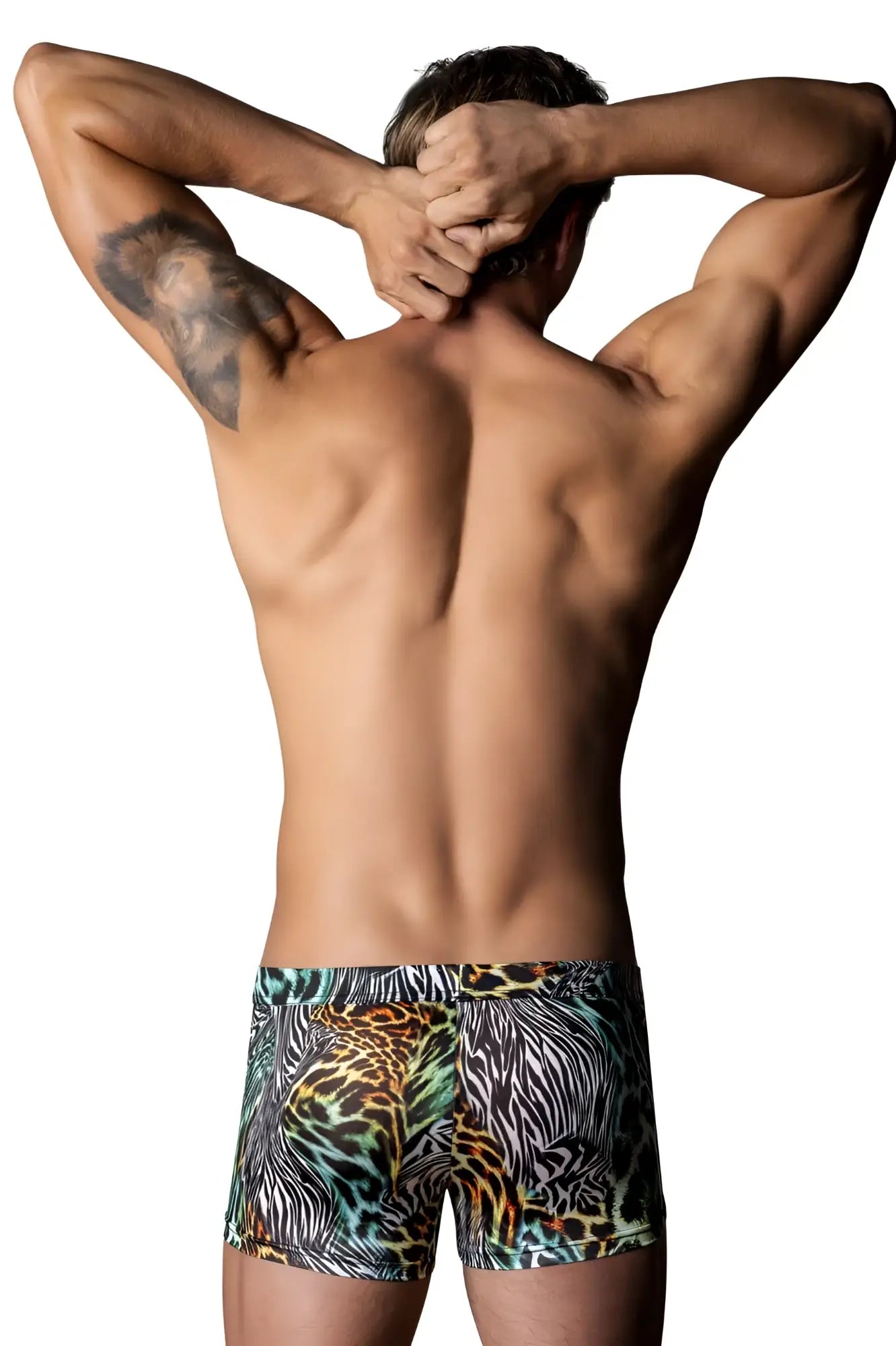 Men’s male power 143-295 go wild uplift mini short boxer briefs with vibrant multi animal leopard and zebra print