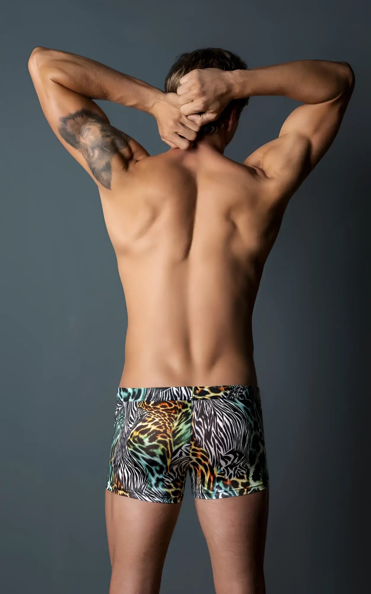Men’s boxer briefs male power 143-295 go wild uplift mini short with vibrant multi animal print in bold colors
