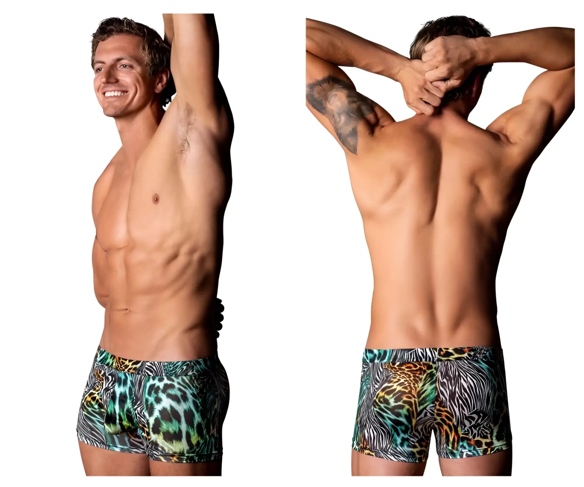 Men’s boxer briefs male power 143-295 go wild uplift mini short with vibrant teal black and gold multi-animal print