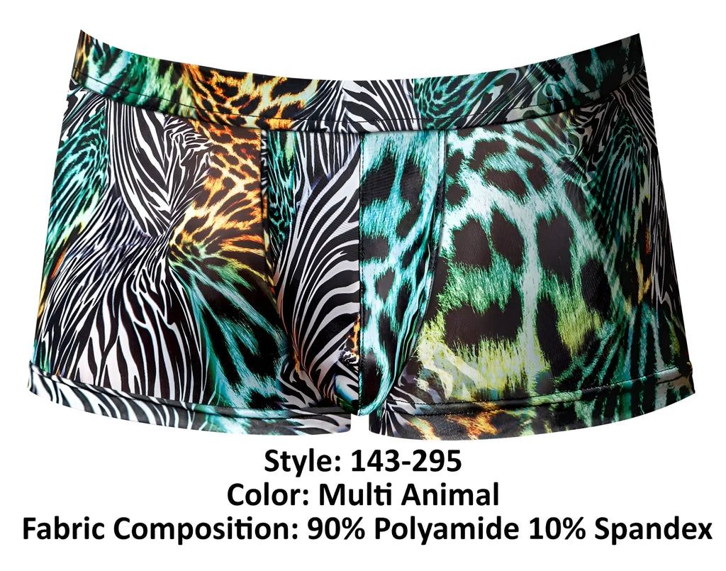 Male power 143-295 go wild uplift mini short multi animal print men’s briefs in stretchy polyamide-spandex fabric