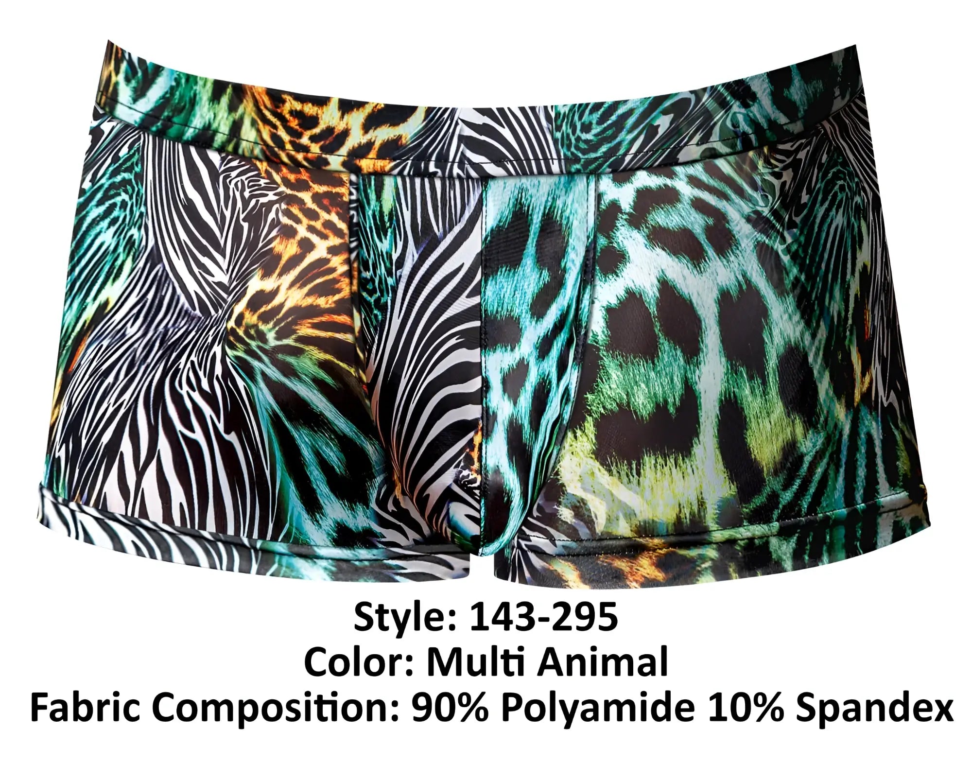 Male power 143-295 go wild uplift mini short multi animal print men’s briefs in stretchy polyamide-spandex fabric