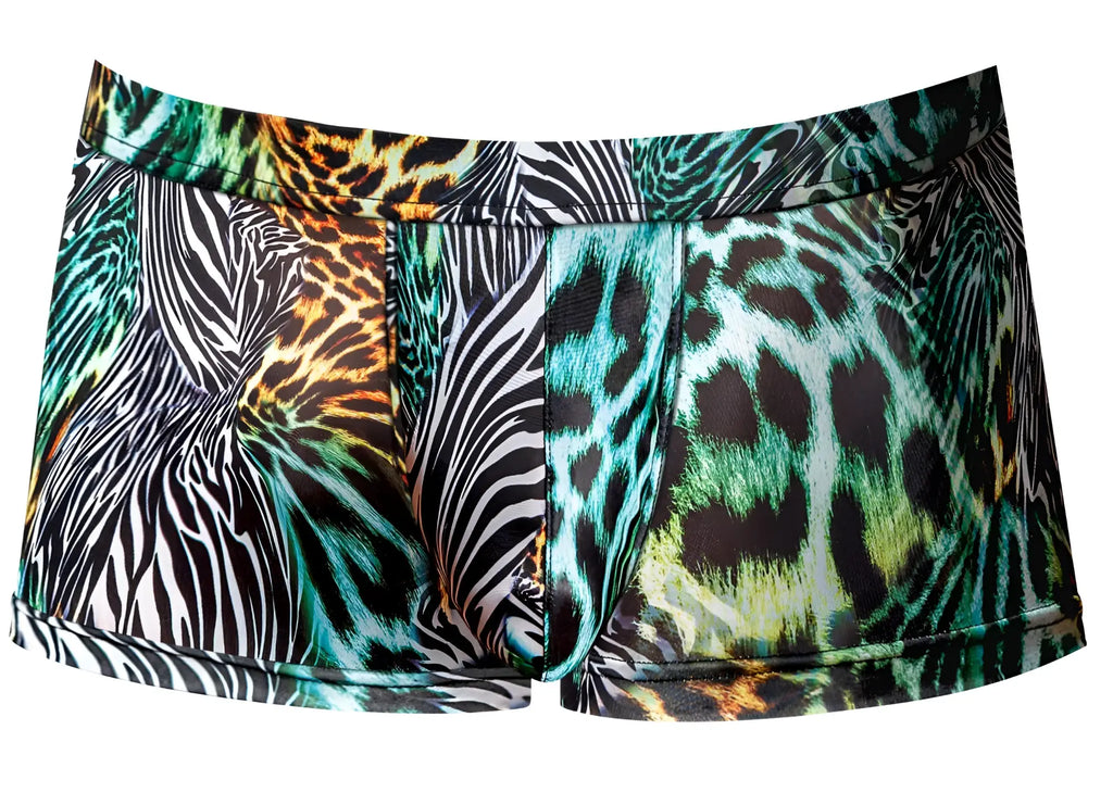 Vibrant male power 143-295 go wild uplift mini short briefs with bold teal black white and orange zebra and leopard prints