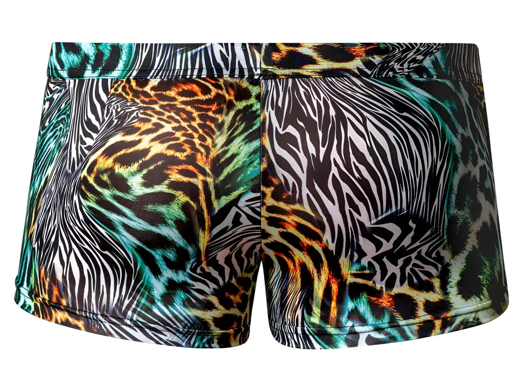Male power 143-295 go wild uplift mini short with vibrant zebra and leopard print in black white teal orange and brown