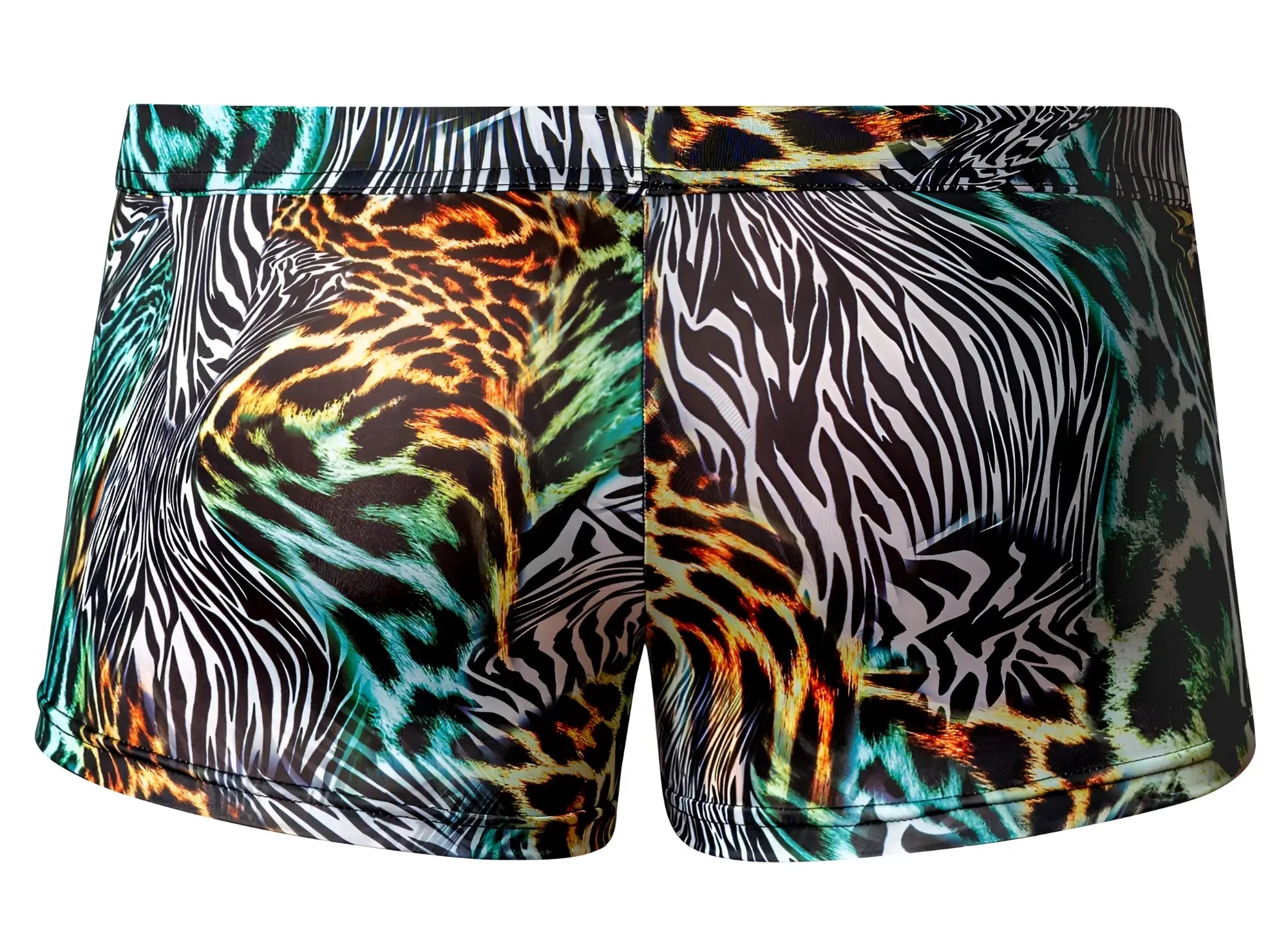 Male power 143-295 go wild uplift mini short with vibrant zebra and leopard print in black white teal orange and brown