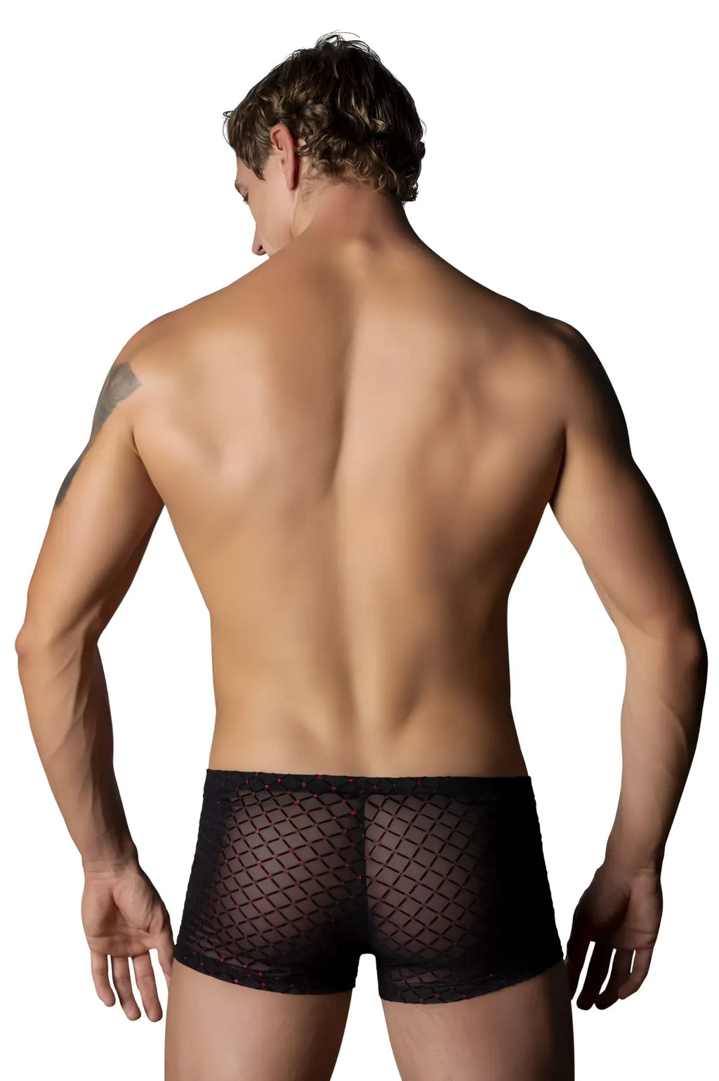 Male power 143-296 widow maker mini pouch short black mesh boxer briefs with diamond fishnet pattern