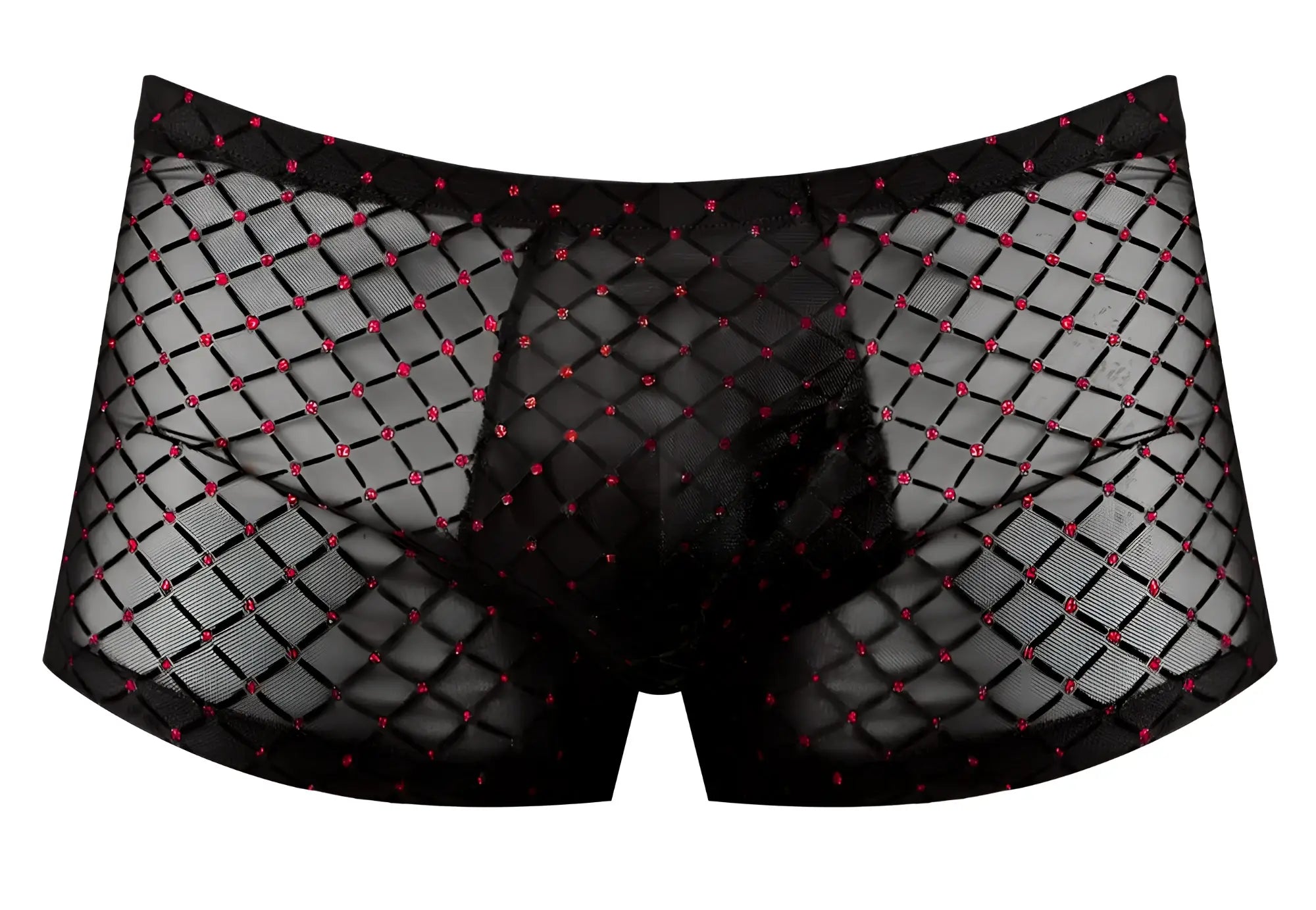Male Power 143-296 widow maker mini pouch short in black fishnet briefs with diamond pattern and red rhinestone accents