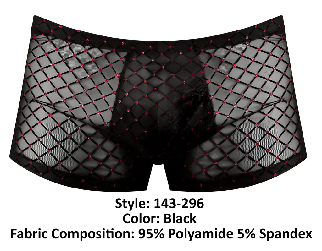 Male power 143-296 widow maker black mesh briefs with diamond pattern and pink rhinestones mini pouch short