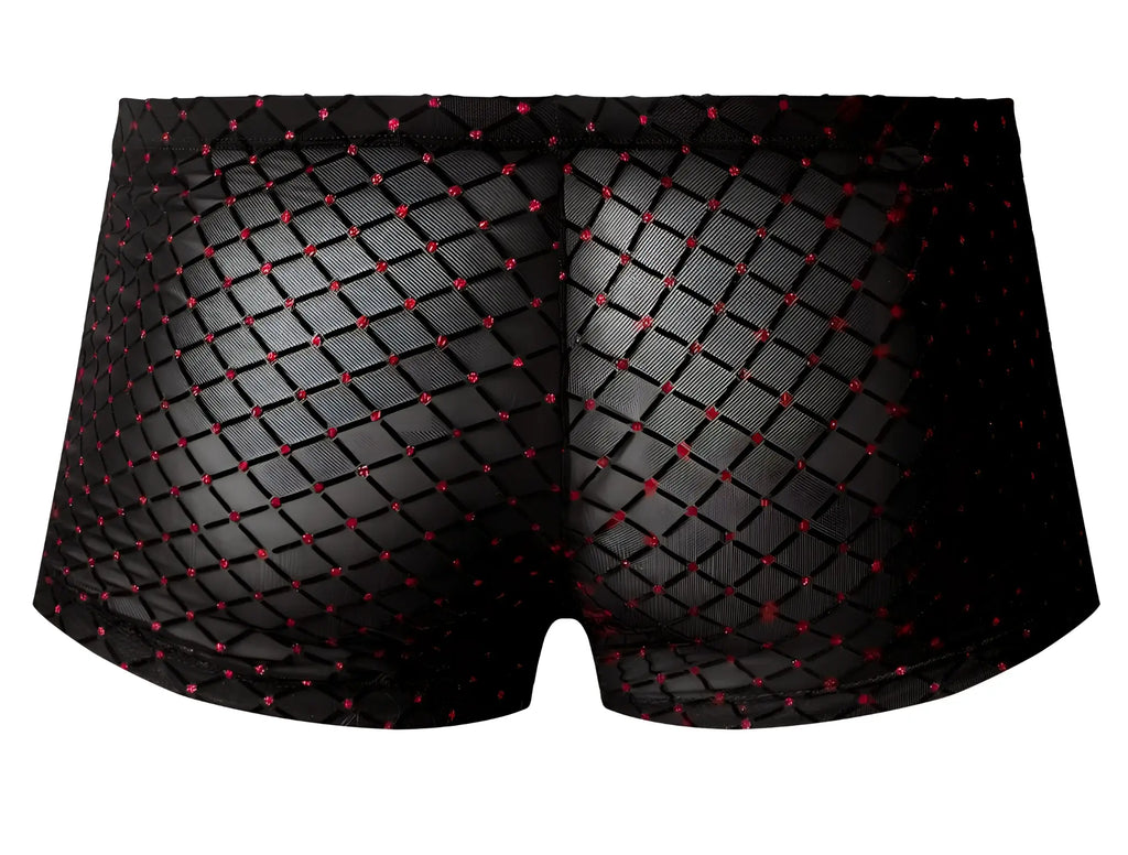 Male power 143-296 widow maker mini pouch short in black mesh with diamond pattern and red embellishments