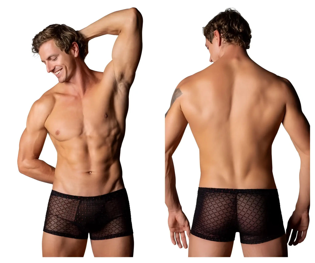 Male power 143-296 widow maker mini pouch short in black mesh briefs with a subtle diamond pattern