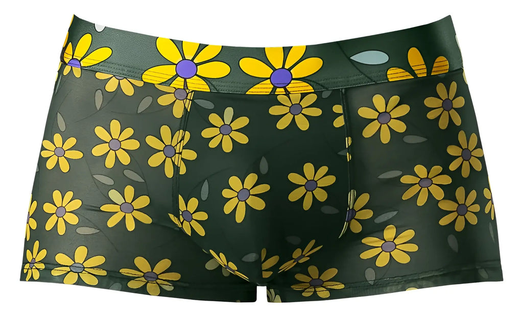 Male Power 145-285 dark green boxer briefs with yellow daisy print pouch for comfortable stylish wear