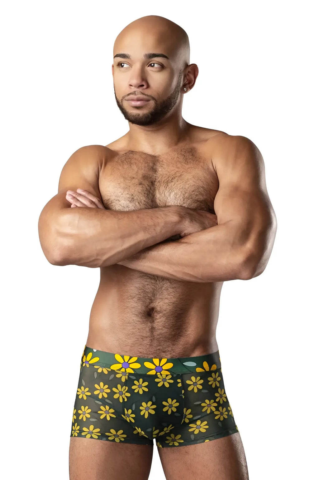 Male power 145-285 petal power green boxer briefs with vibrant yellow daisy pattern and purple centers
