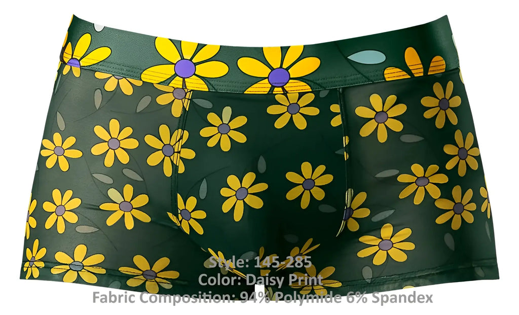 Male power 145-285 petal power pouch short green briefs with yellow daisy print purple centers and gray leaf accents