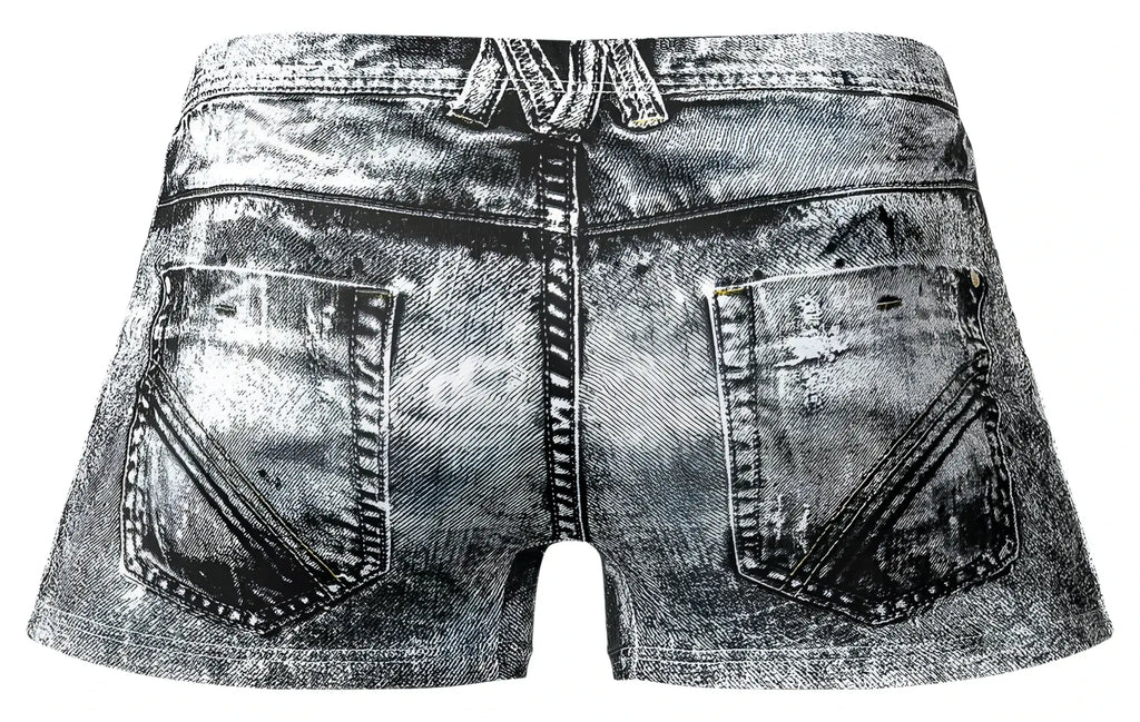 Distressed black and white denim shorts with a faded worn-in look from male power 145-286 dirty denim mini short collection