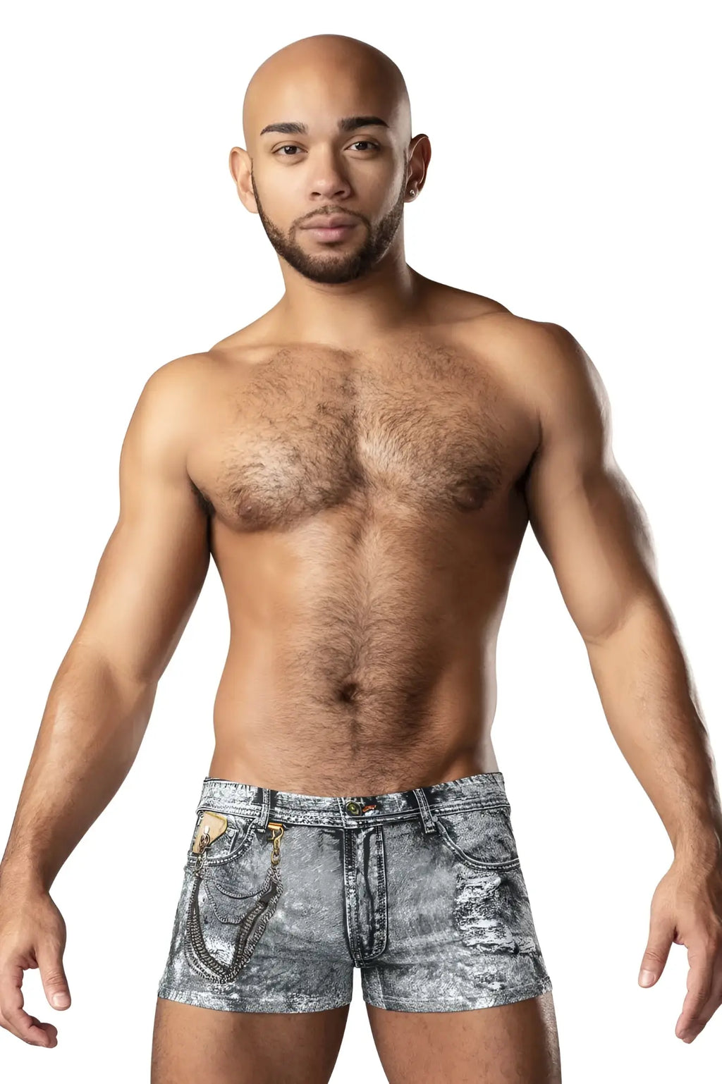 Male power 145-286 dirty denim mini short in faded gray distressed denim with chain detailing on front pockets