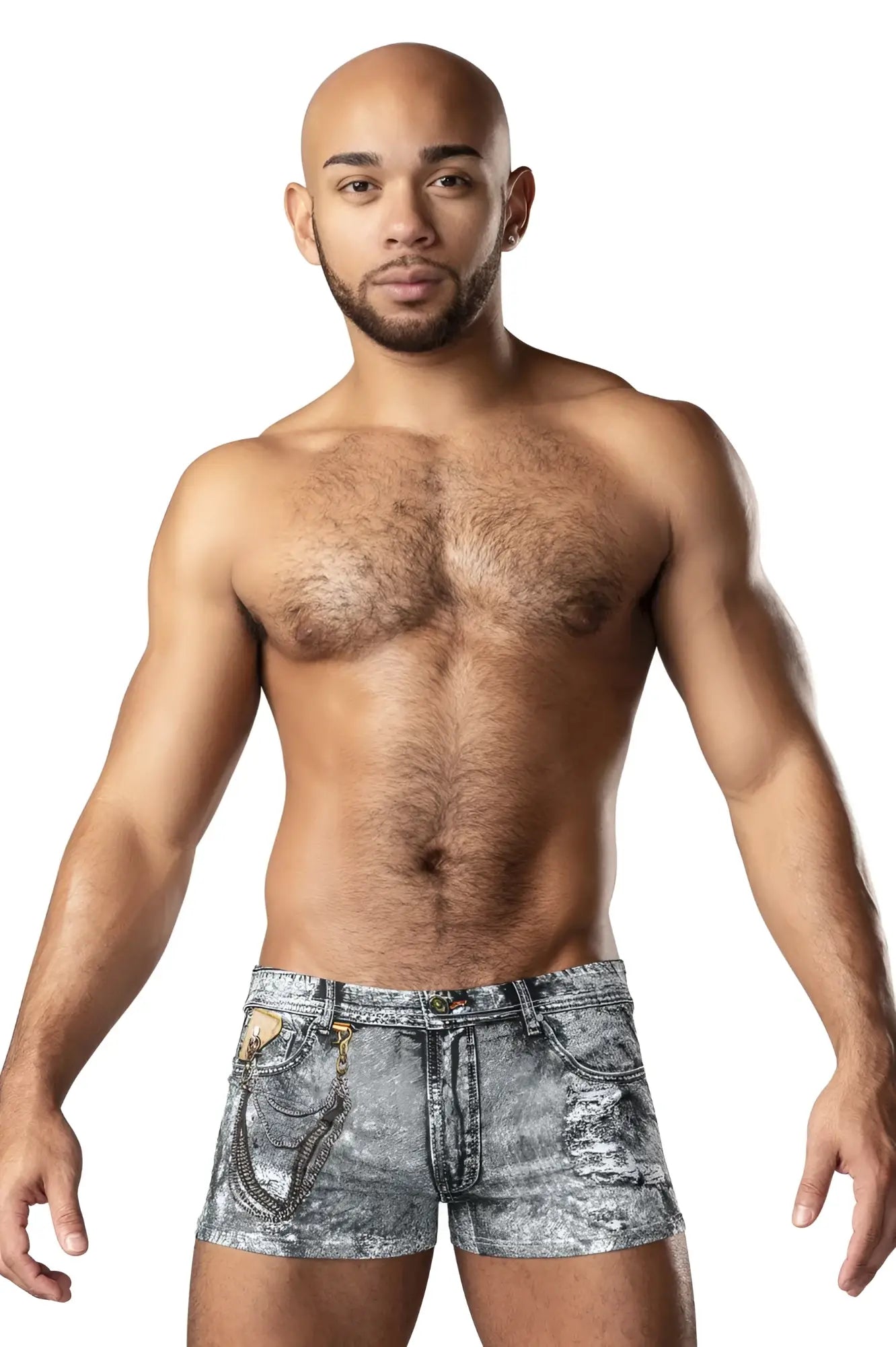 Male power 145-286 dirty denim mini short in faded gray distressed denim with chain detailing on front pockets