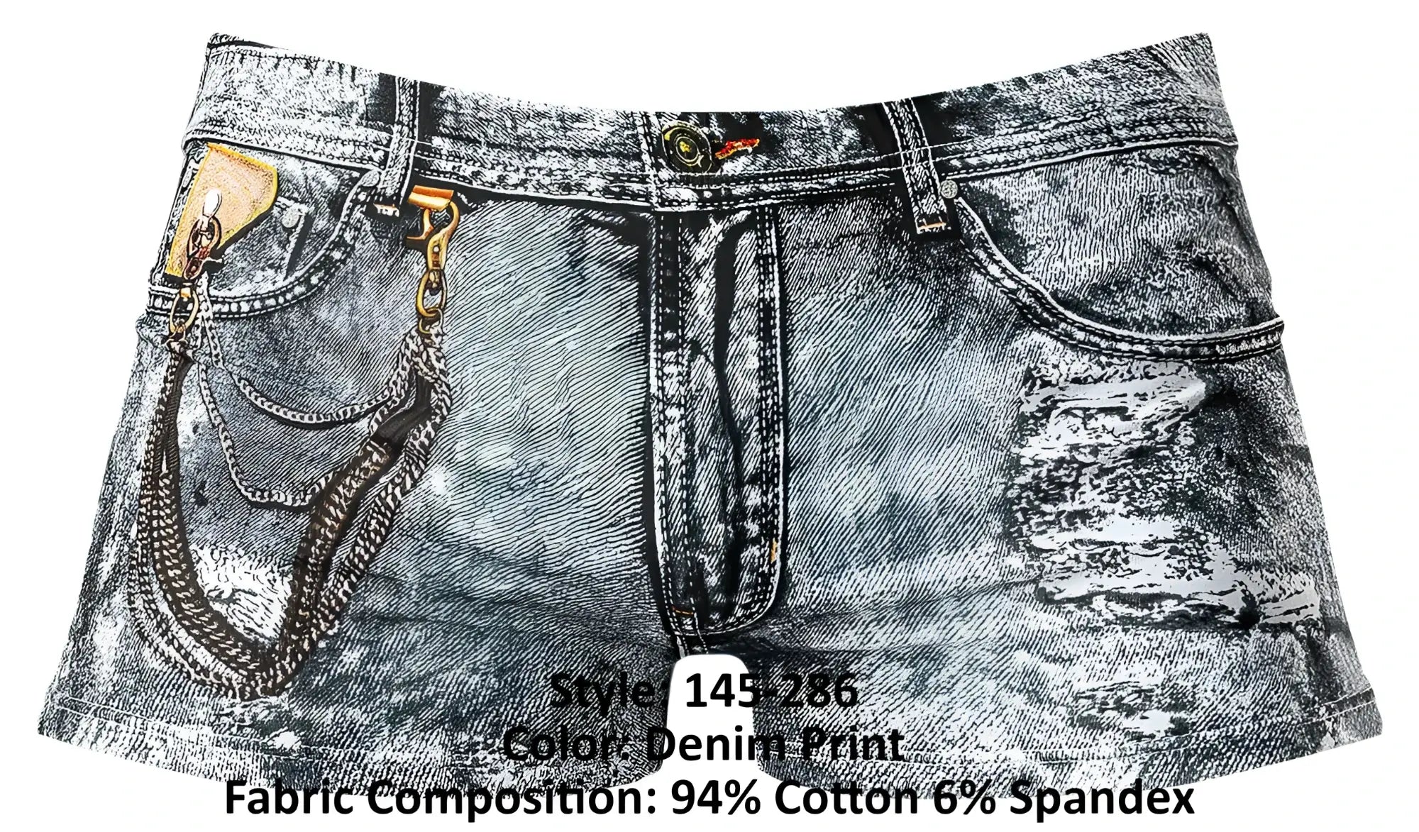 Male power 145-286 dirty denim mini short in faded gray distressed denim with frayed edges and chain pocket accents