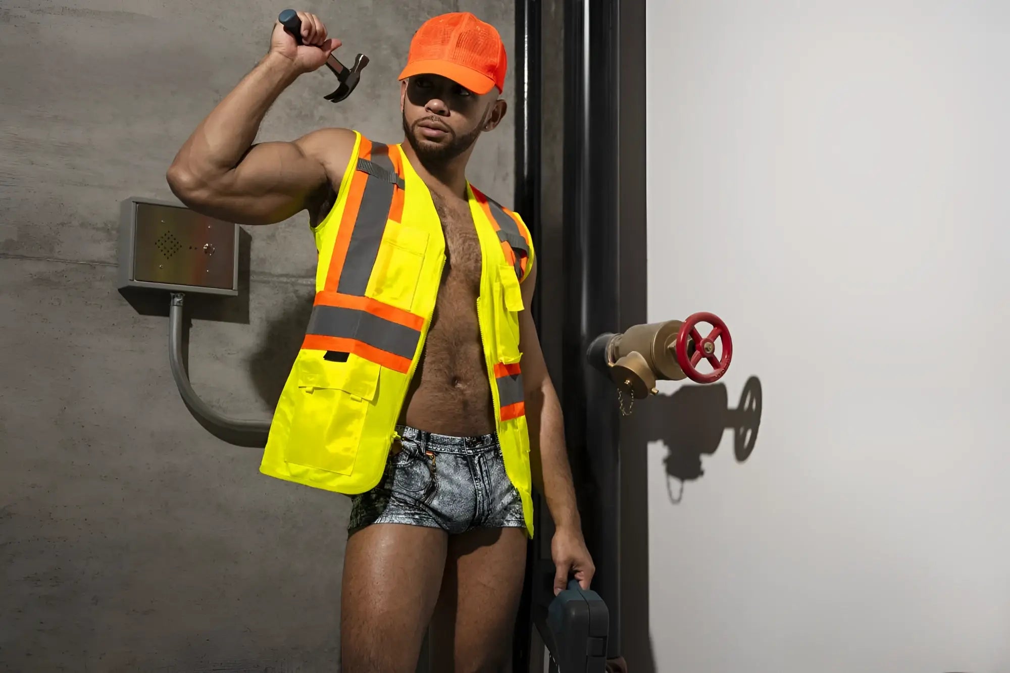 A muscular man wearing a bright yellow safety vest with reflective stripes and Male Power 145-286 denim mini shorts