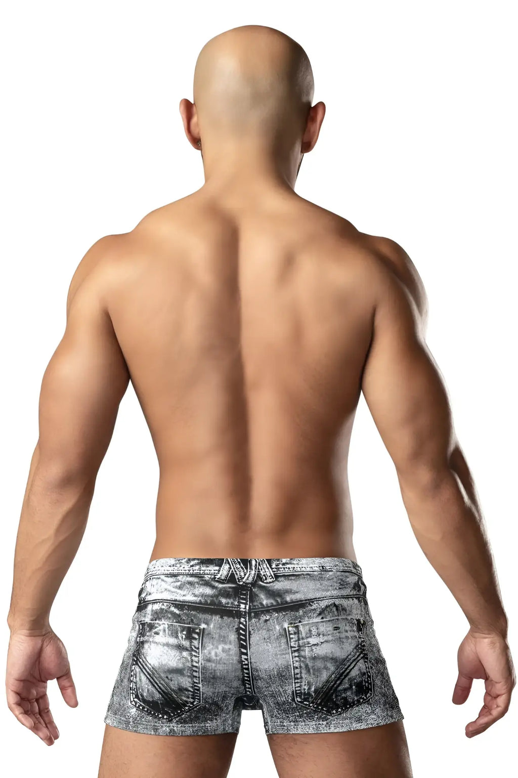 Back view of male power 145-286 dirty denim mini short in distressed faded gray and black denim with classic pockets