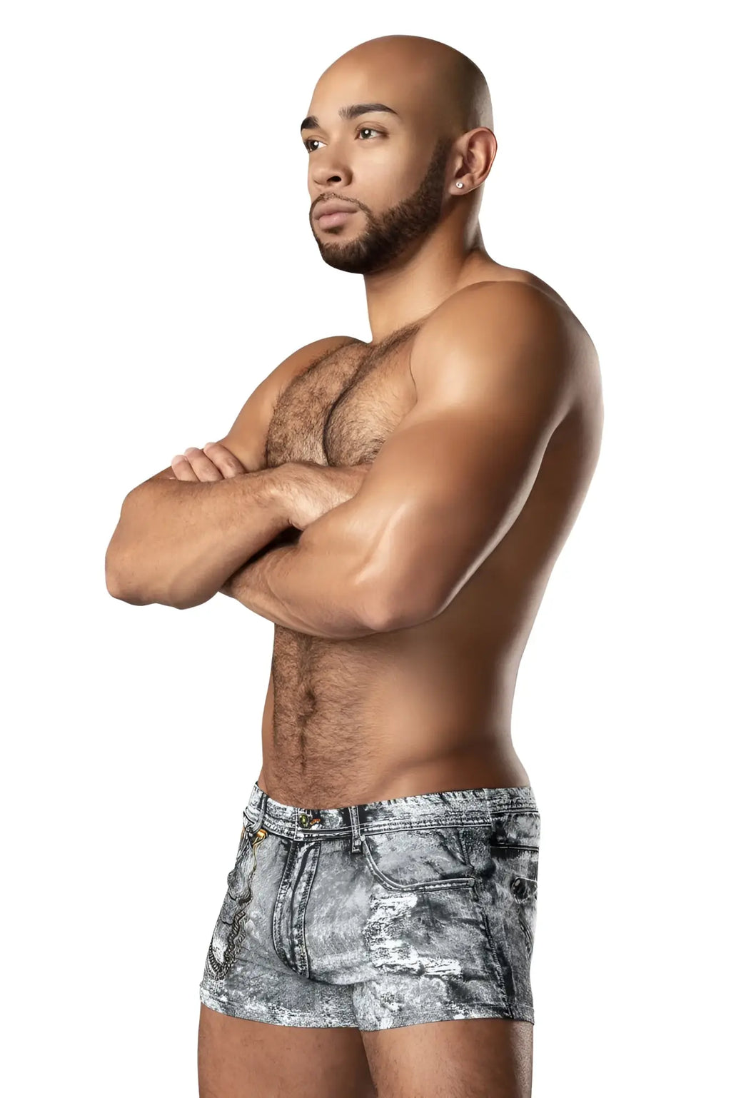 Male power 145-286 dirty denim mini short in faded gray wash with distressed frayed hem in denim print material