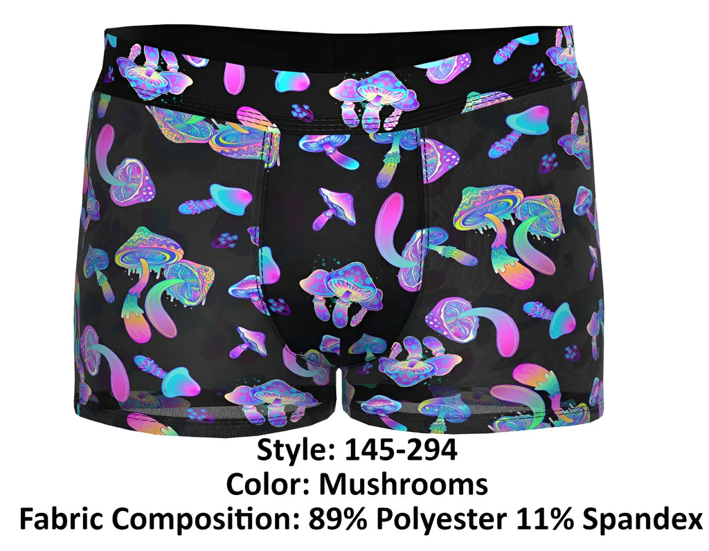 Male power 145-294 hazy dayz black boxer briefs with vibrant iridescent purple pink and teal mushroom pattern