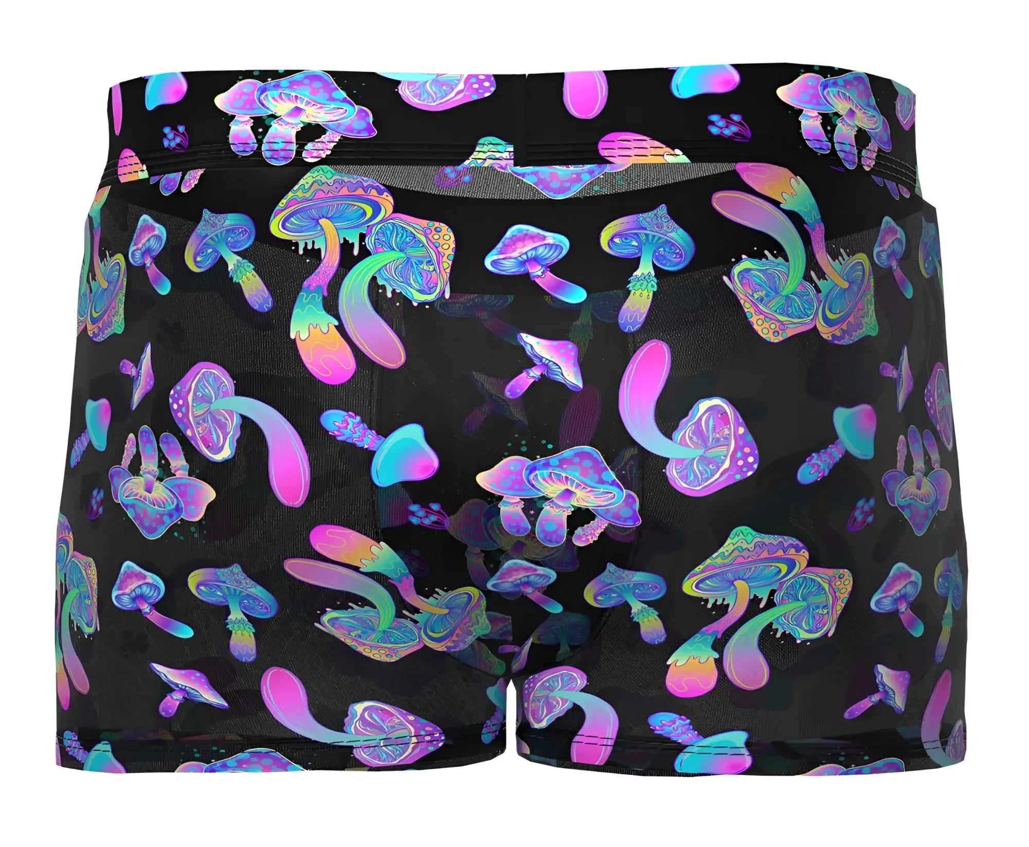 Male power 145-294 hazy dayz black mesh boxer shorts with vibrant iridescent purple pink and blue mushroom pattern