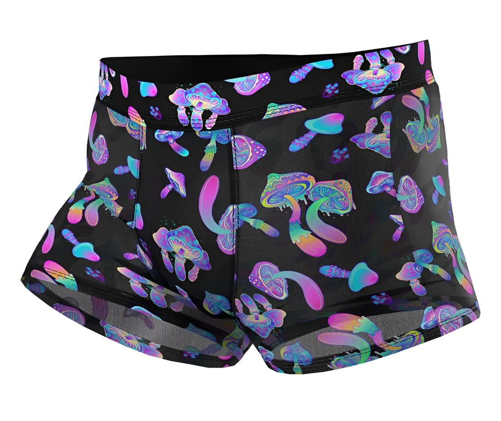 Male power 145-294 hazy dayz black mesh pouch shorts with vibrant iridescent purple pink and teal mushroom pattern