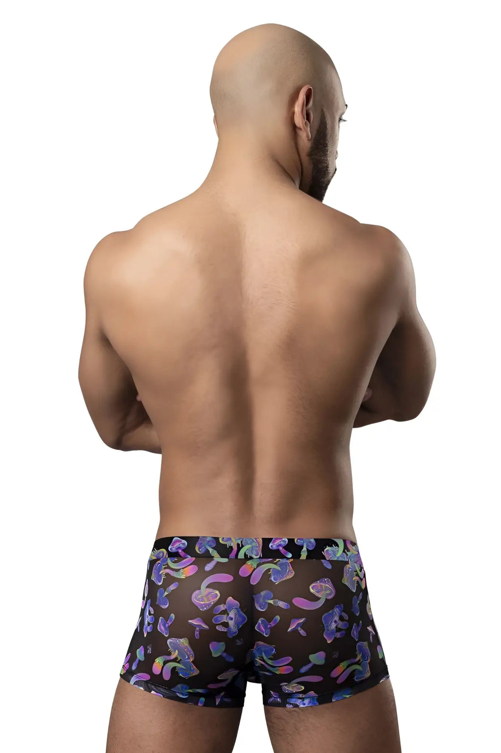 Male power 145-294 hazy dayz black sheer boxer briefs with vibrant purple pink blue mushroom pattern