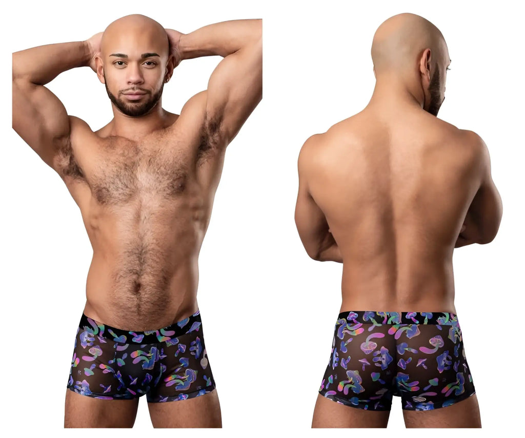 Black sheer boxer briefs with vibrant purple pink and blue abstract pattern male power hazy dayz pouch short mushrooms