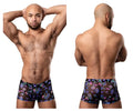 Black sheer boxer briefs with vibrant purple pink and blue abstract pattern male power hazy dayz pouch short mushrooms