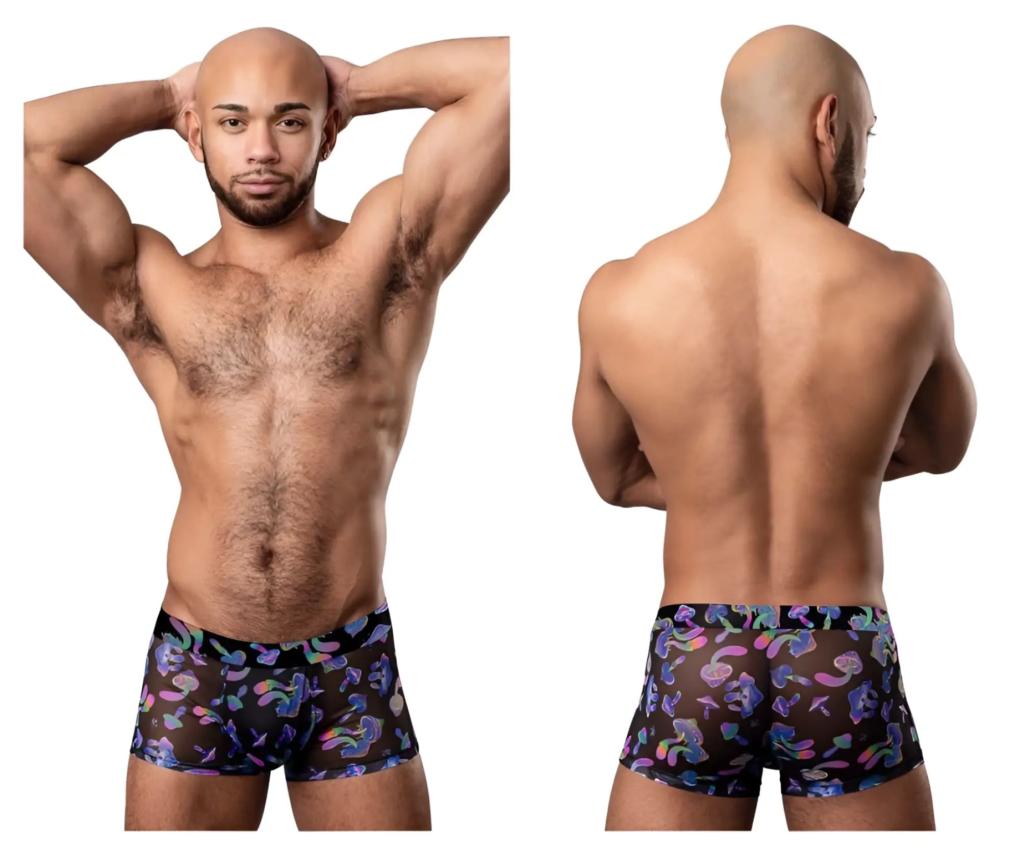 Black sheer boxer briefs with vibrant purple pink and blue abstract pattern male power hazy dayz pouch short mushrooms