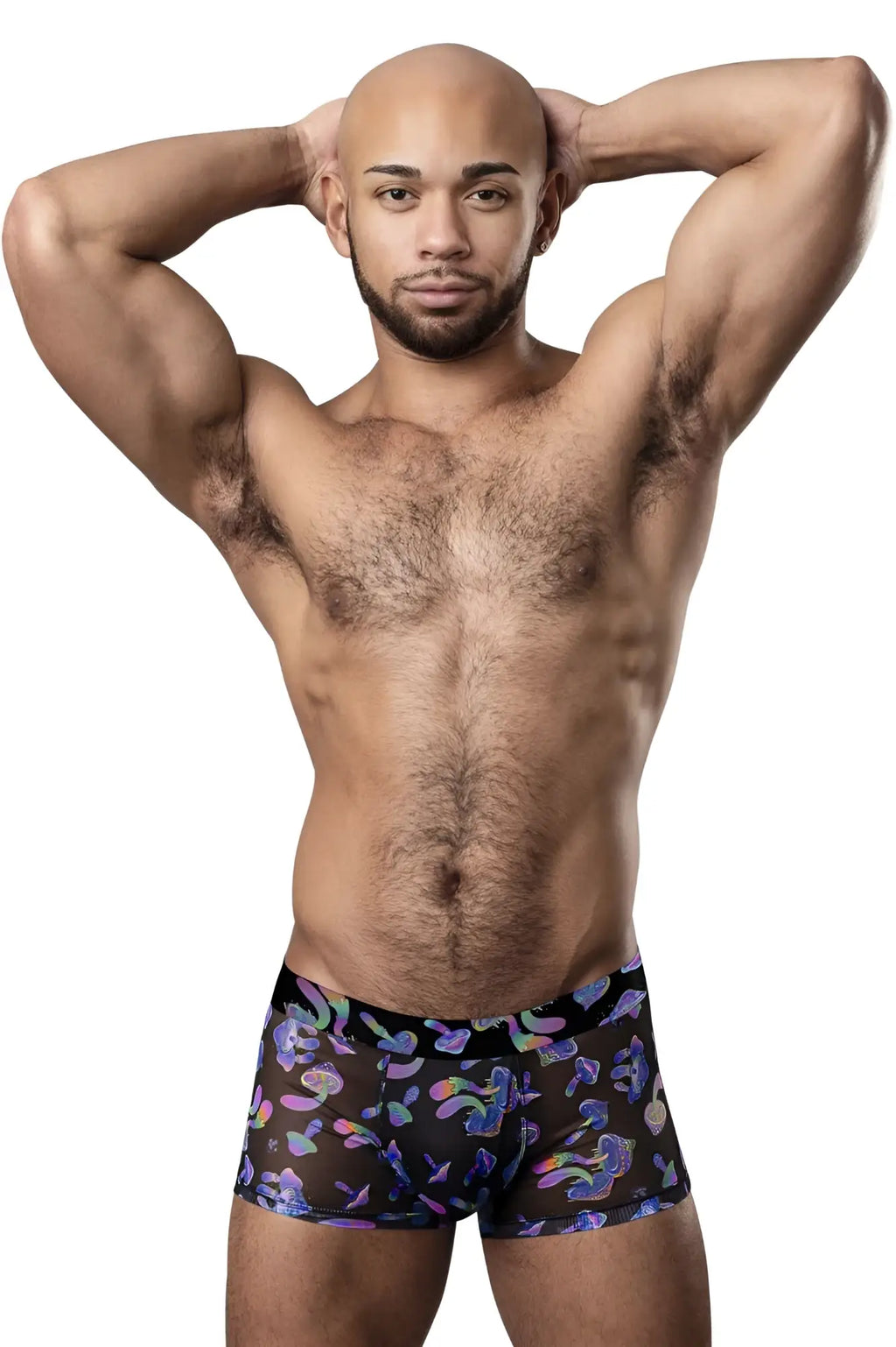 Male power 145-294 hazy dayz pouch short black briefs with vibrant iridescent purple and blue floral pattern