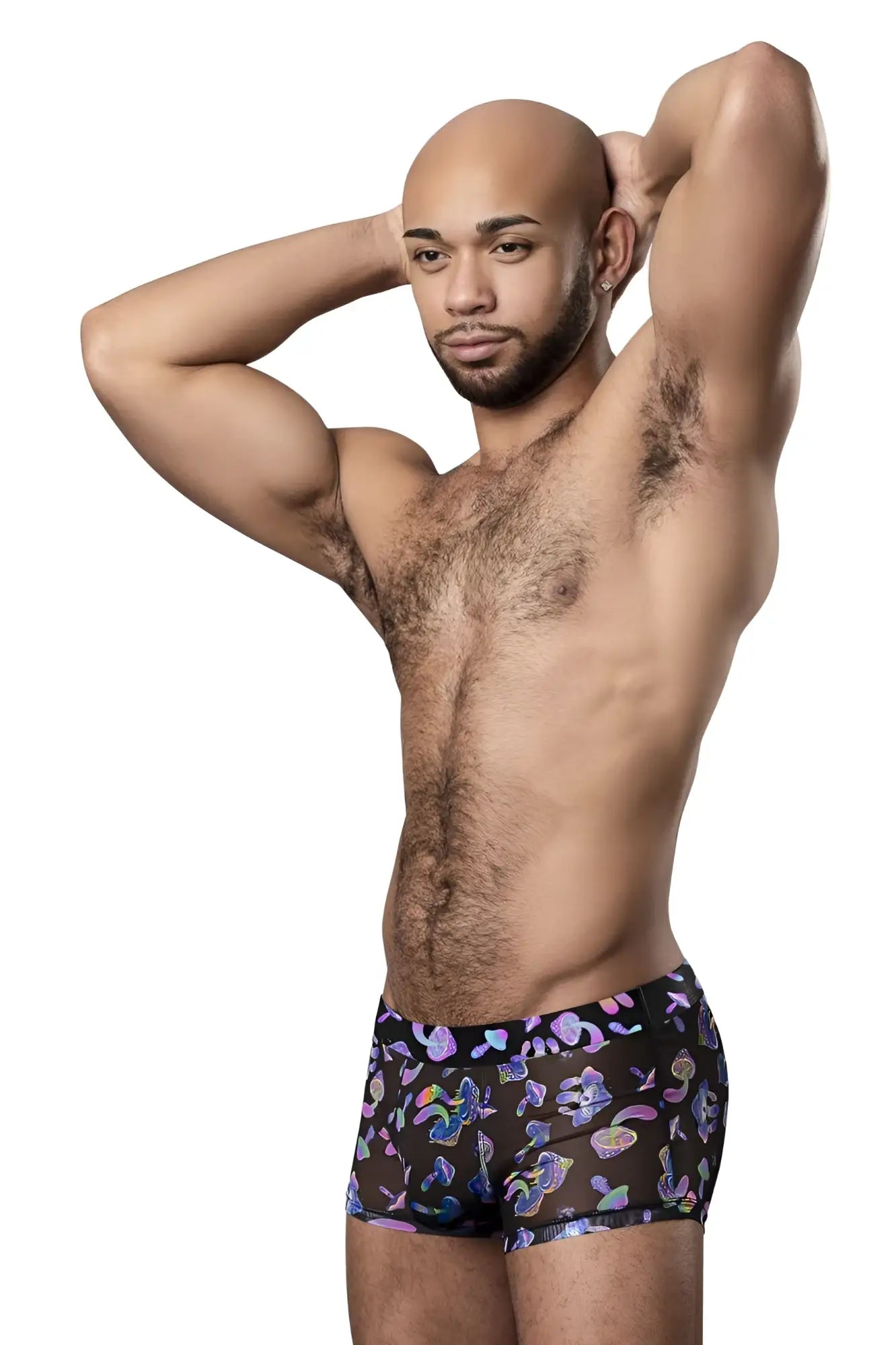 Male power 145-294 hazy dayz black briefs with colorful unicorn and rainbow pattern pouch short in mushrooms color