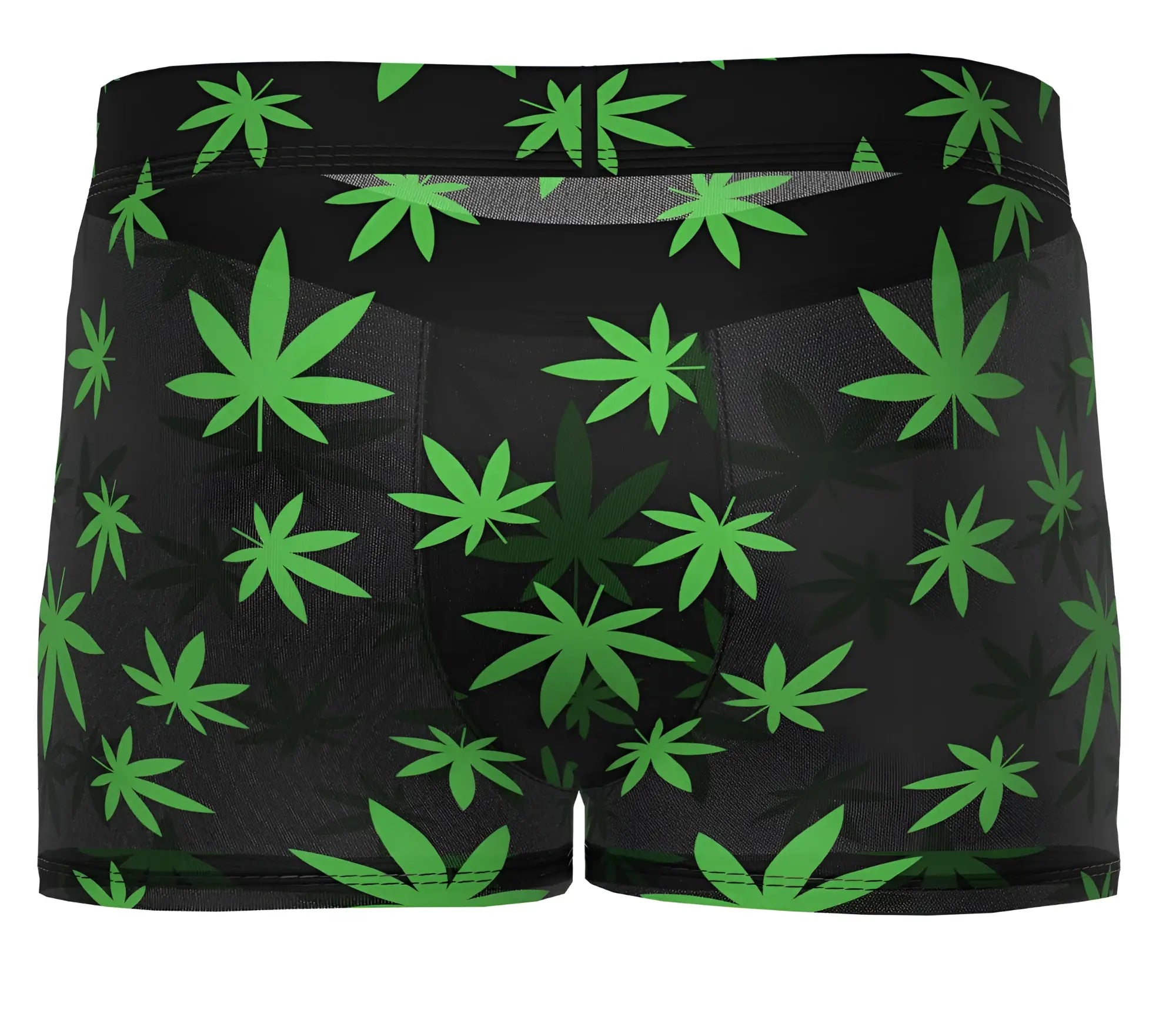 Black Male Power 145-294 Hazy Dayz pouch short boxer briefs with vibrant green cannabis leaf pattern on fabric