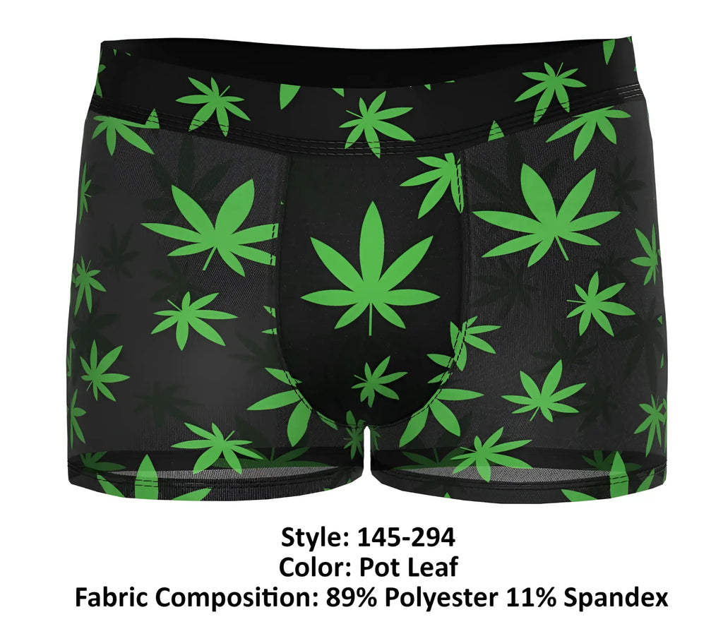 Male power 145-294 hazy dayz black boxer briefs with vibrant green cannabis leaf pattern printed on fabric