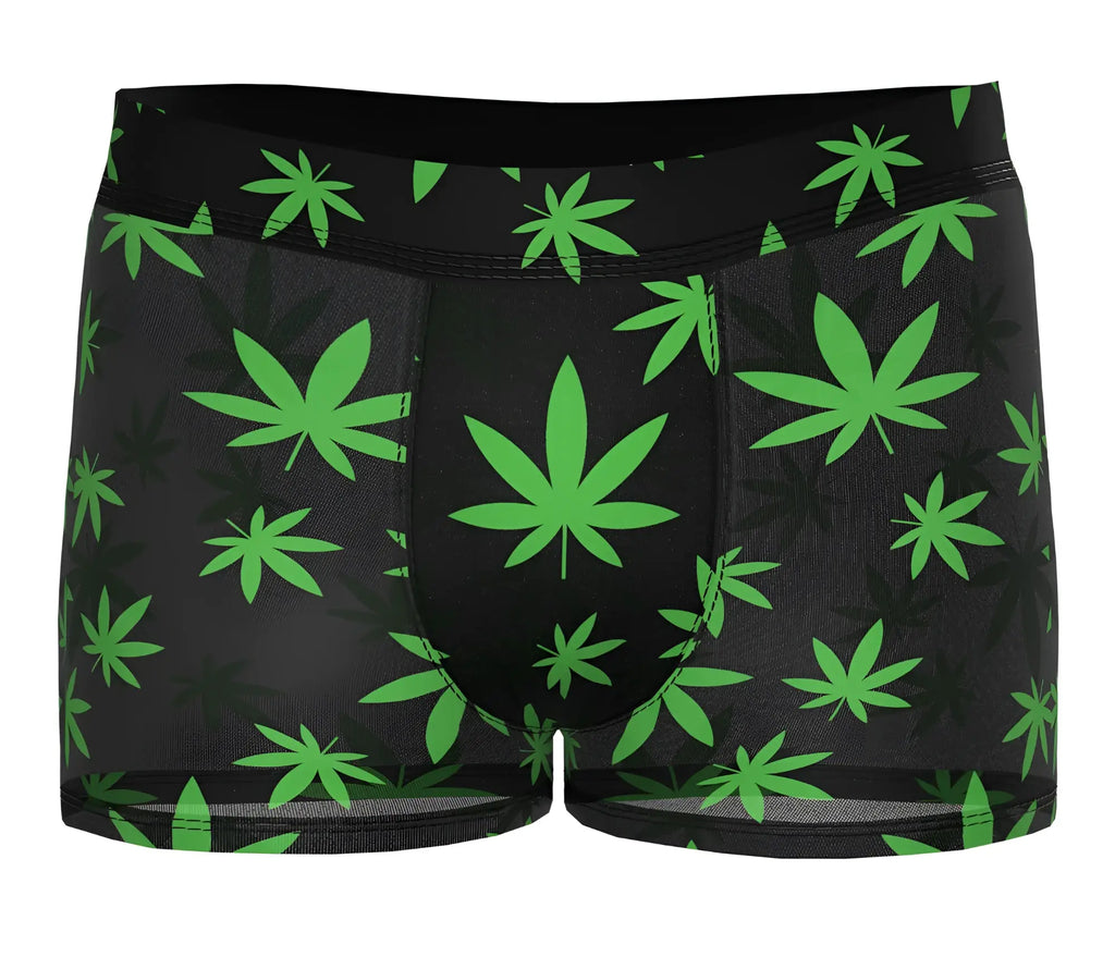 Male power 145-294 hazy dayz black boxer briefs with vibrant green cannabis leaf pattern pouch short style