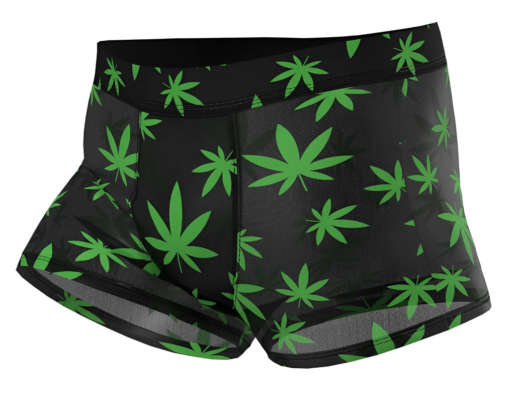 Male Power 145-294 hazy dayz pouch short boxer briefs in black with vibrant green pot leaf pattern